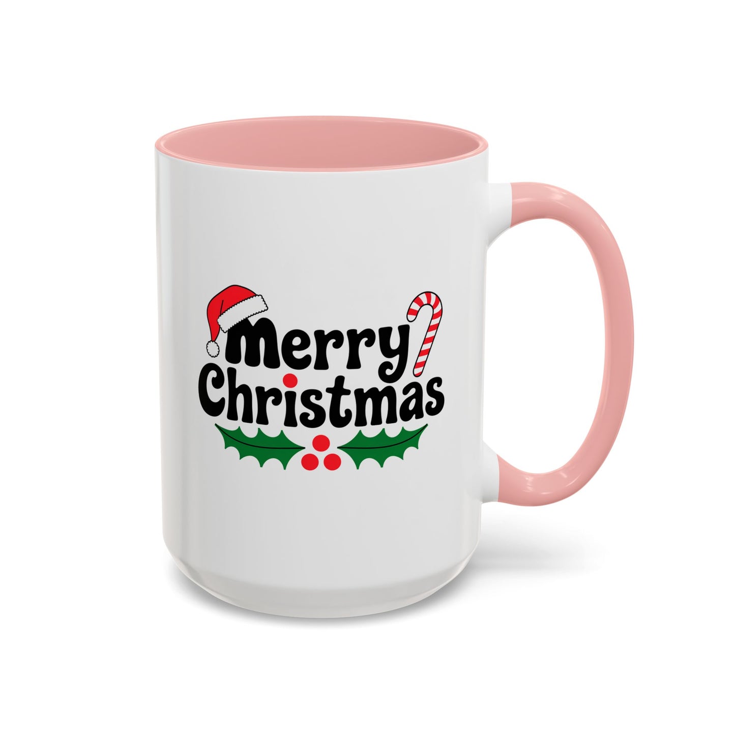 Christmas Mug - Merry Christmas Black Text Hat Candy Cane Mistletoe