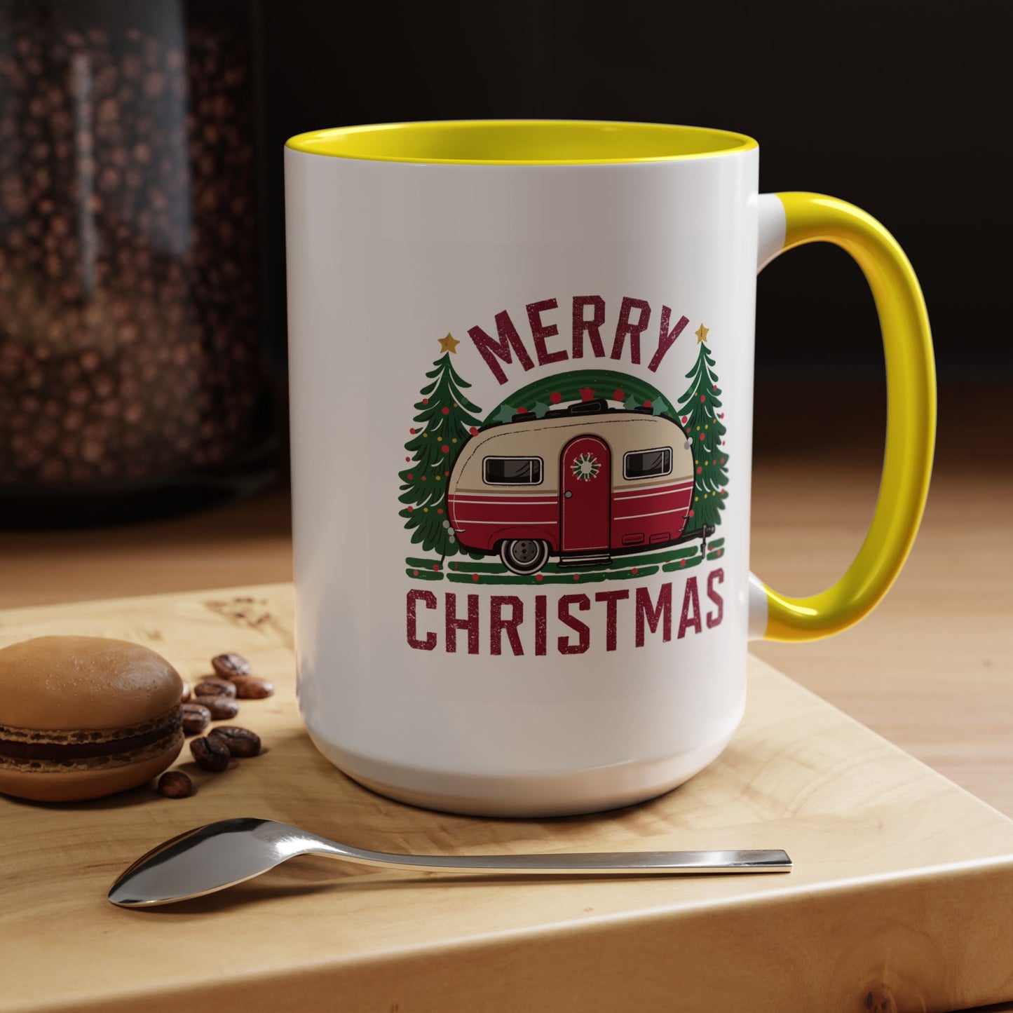 Christmas Mug - Merry Christmas Maroon Text Camper Trees
