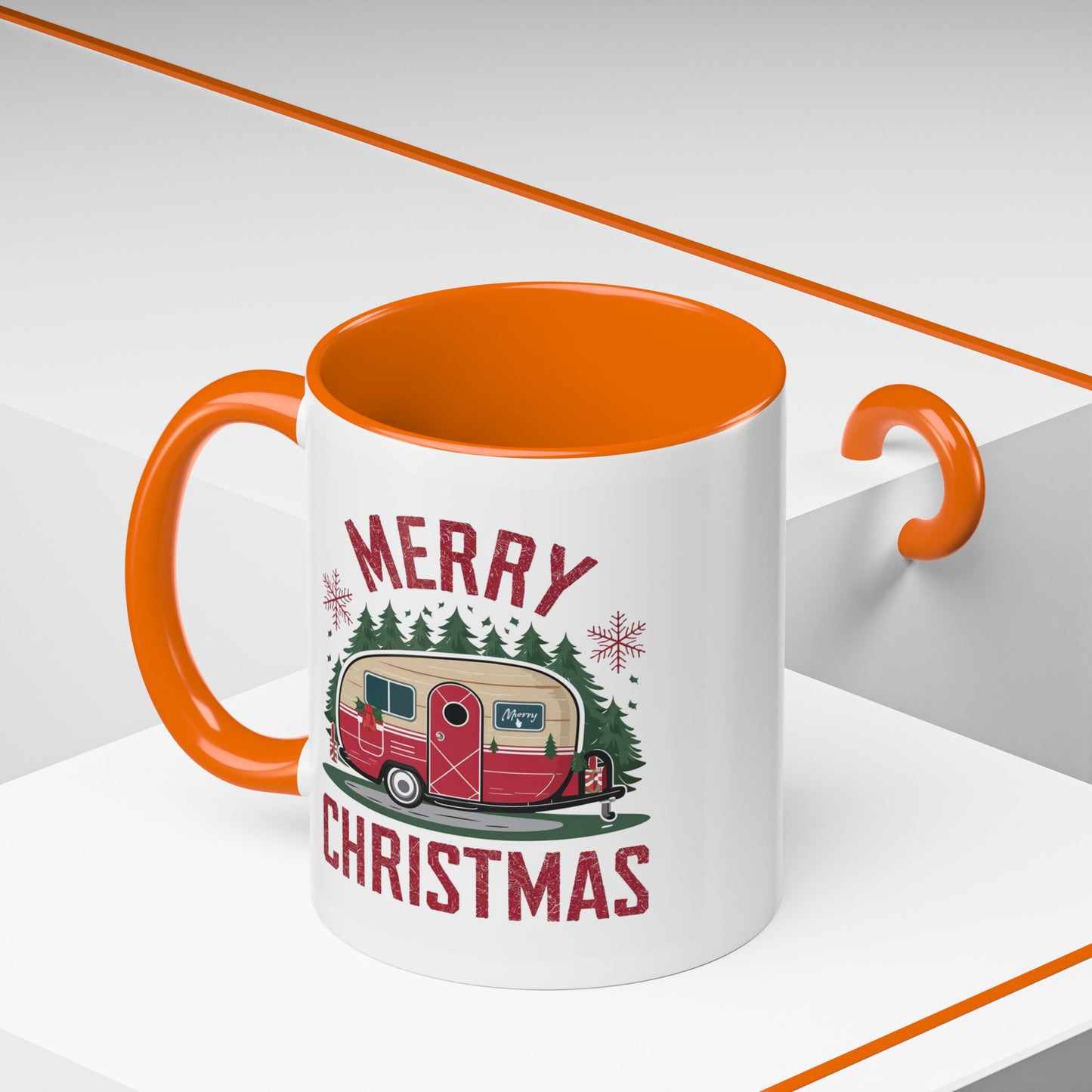 Christmas Mug - Merry Christmas Maroon Text Camper Trees Snowflakes