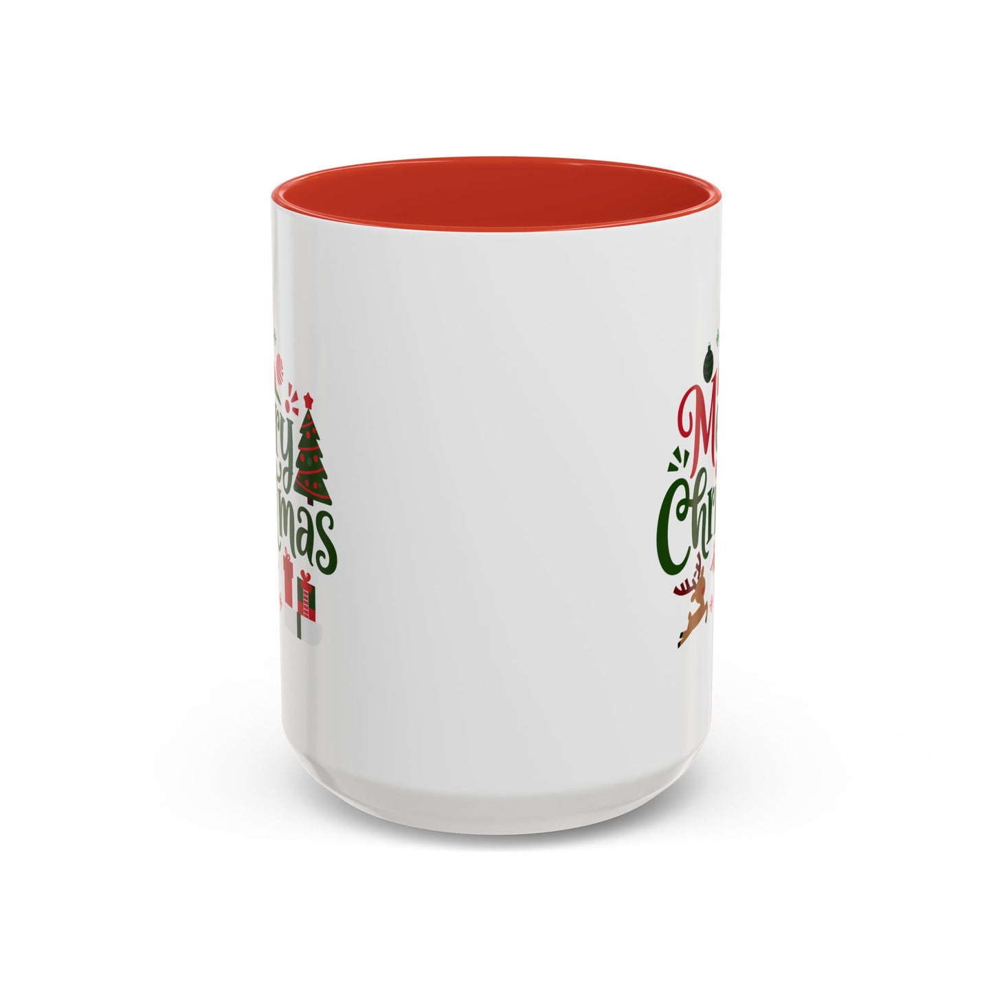 Christmas Mug - Merry Christmas Red & Green Text Santa Reindeer Tree Sleigh Ornaments