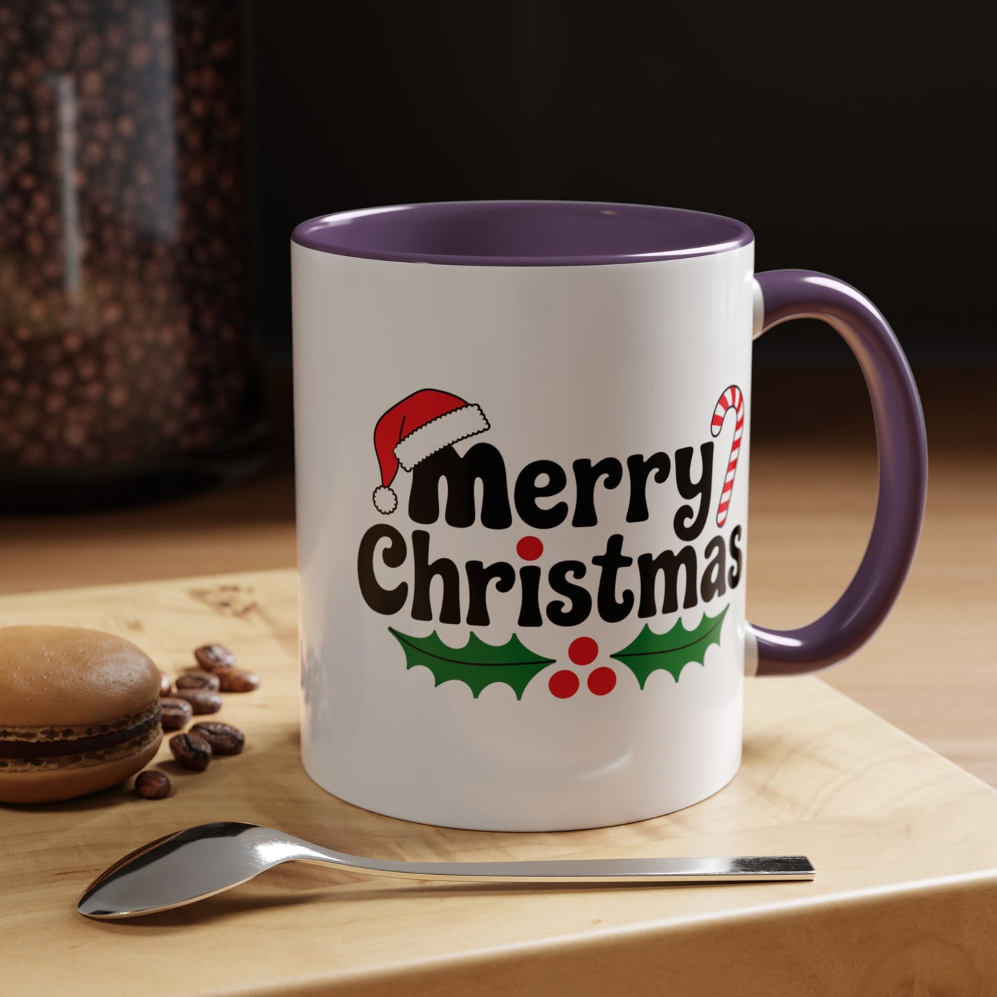 Christmas Mug - Merry Christmas Black Text Hat Candy Cane Mistletoe