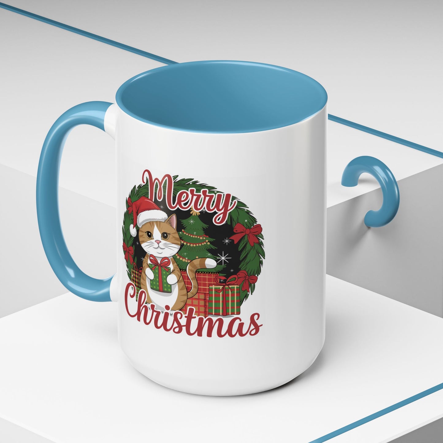 Christmas Mug - Merry Christmas Red Text Cat Presents Wreath