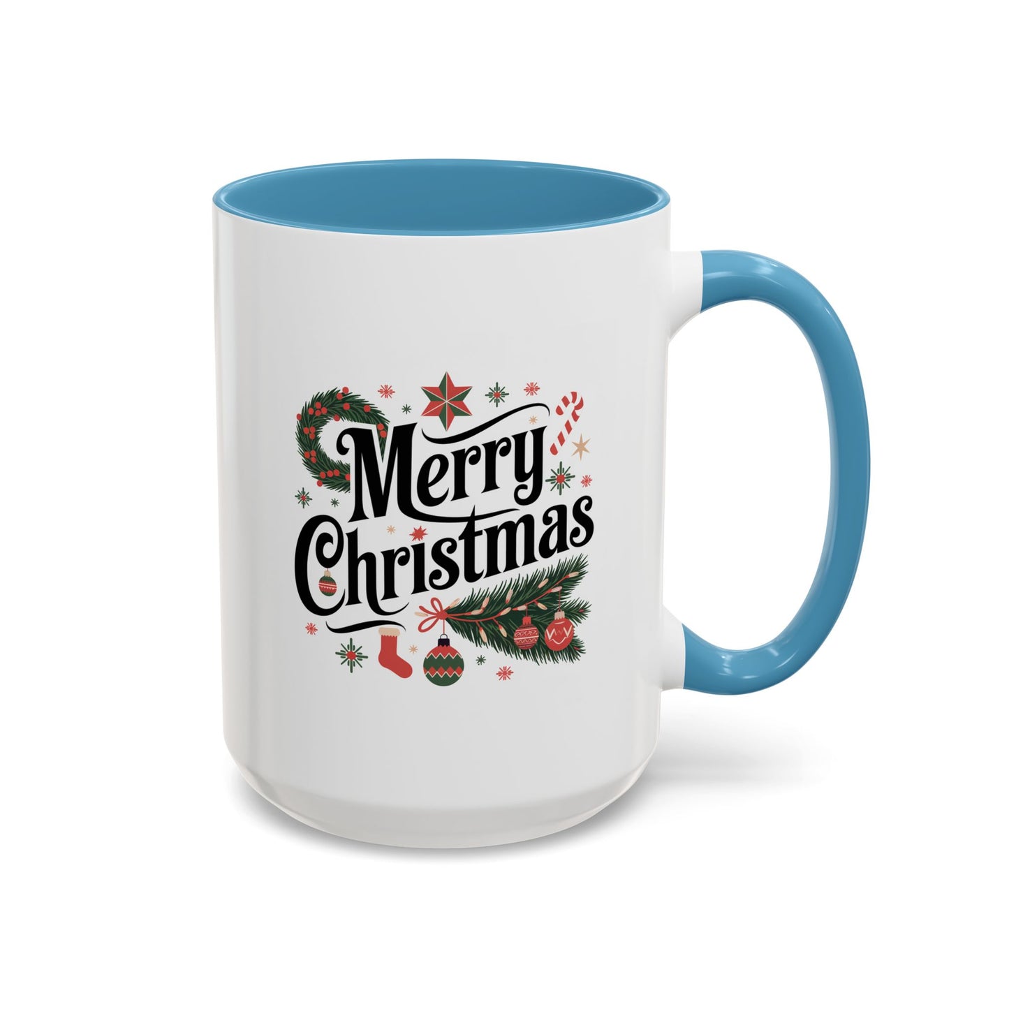 Christmas Mug - Merry Christmas Black Text Star Stocking Ornament Candy Cane