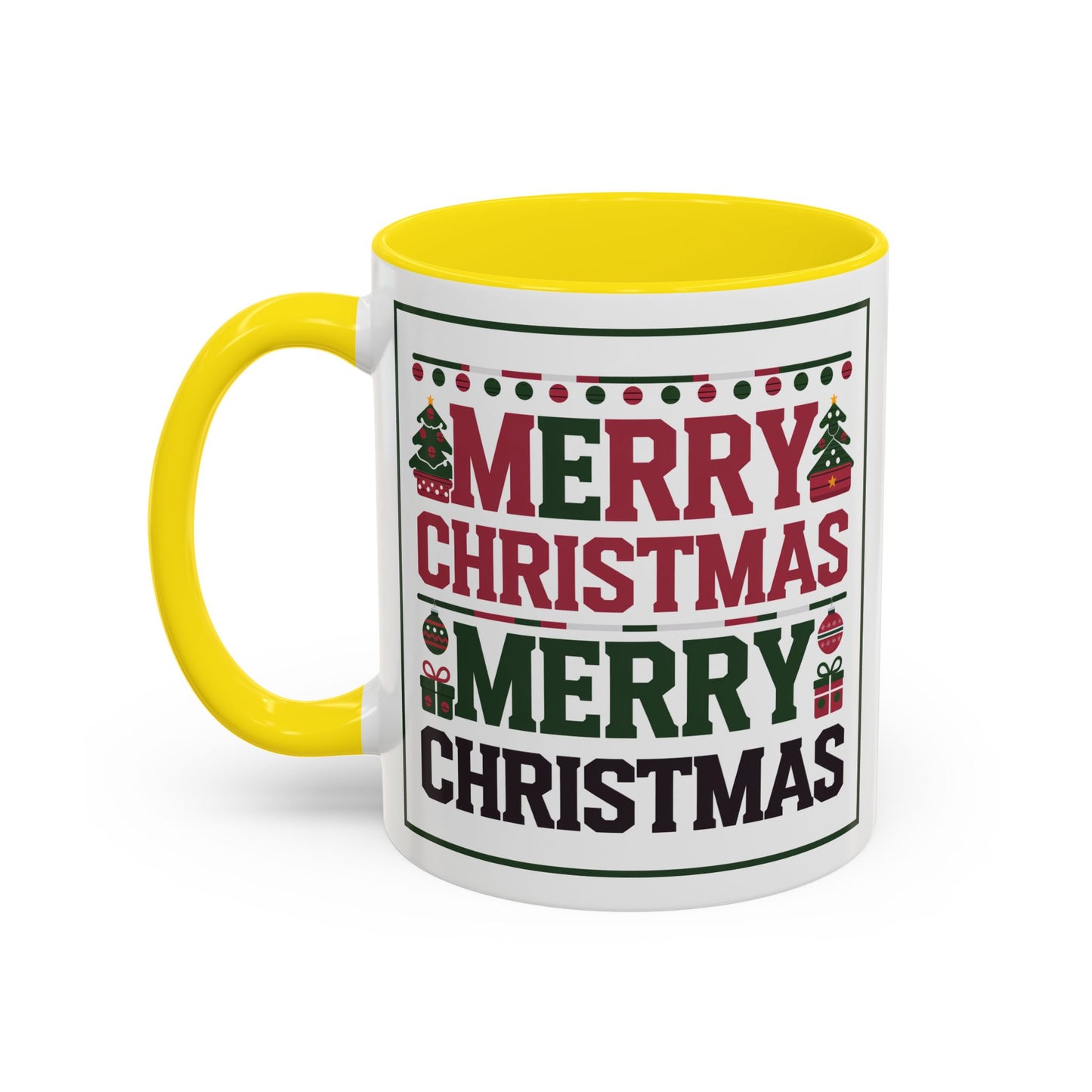 Christmas Mug - Merry Christmas Red Green & Black Text Trees Presents