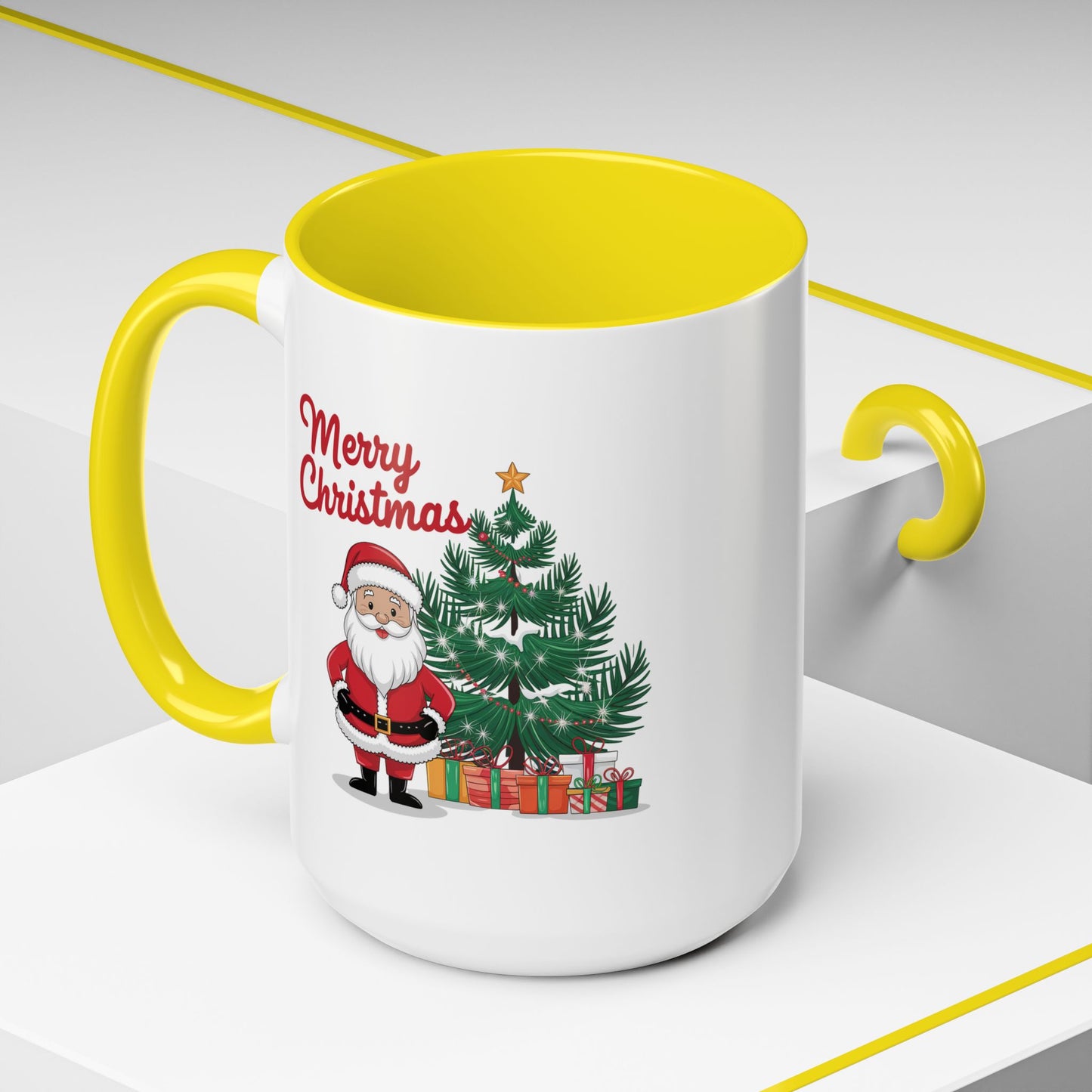 Christmas Mug - Merry Christmas Red Text Santa Tree Presents