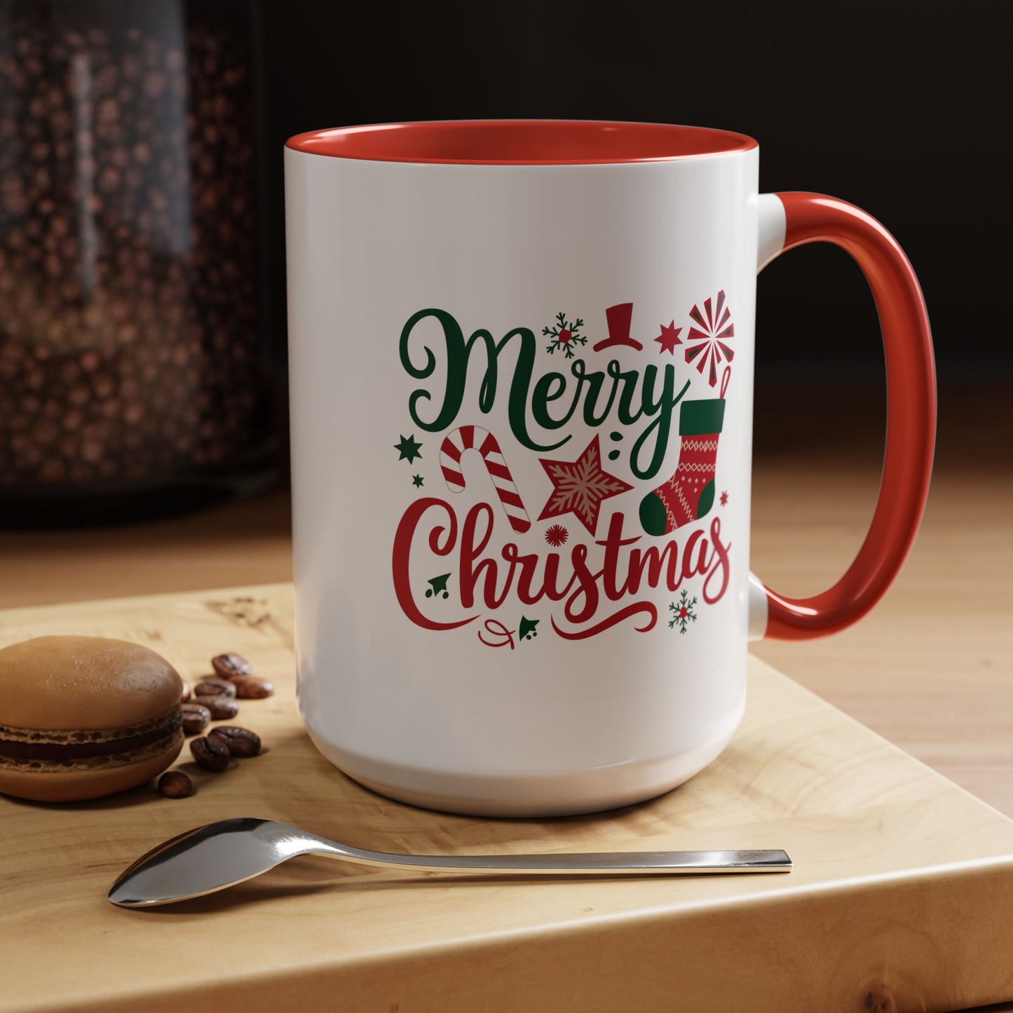 Christmas Mug - Merry Christmas Green & Red Text Star Candy Cane Stocking Snowflake