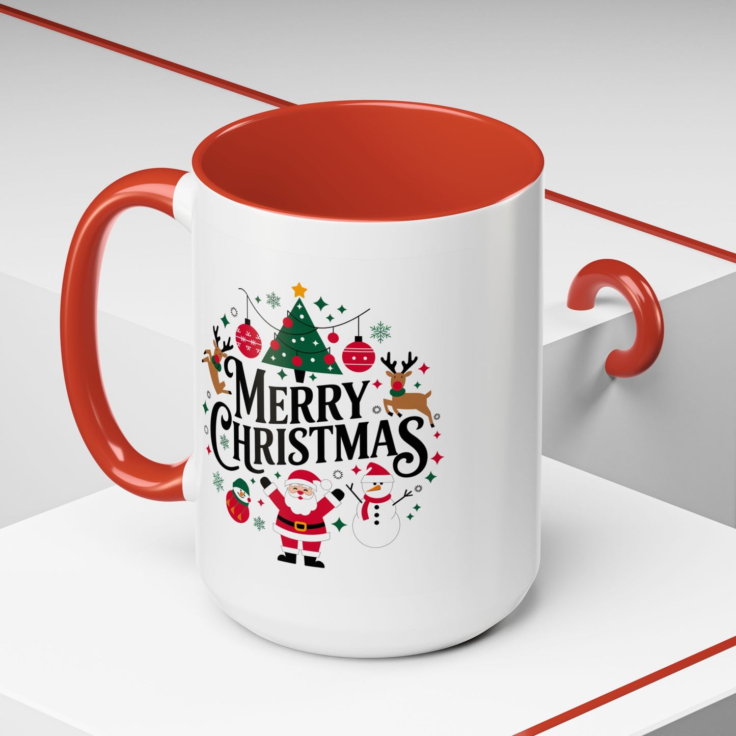 Christmas Mug - Merry Christmas Black Text Santa Reindeer Snowmen Ornaments