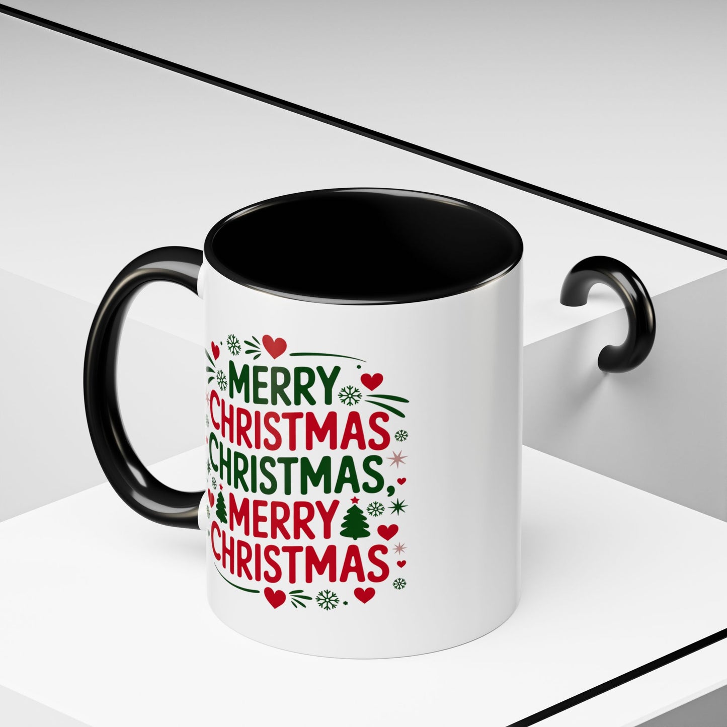 Christmas Mug - Merry Christmas Green & Red Text Trees Hearts Snowflakes Stars