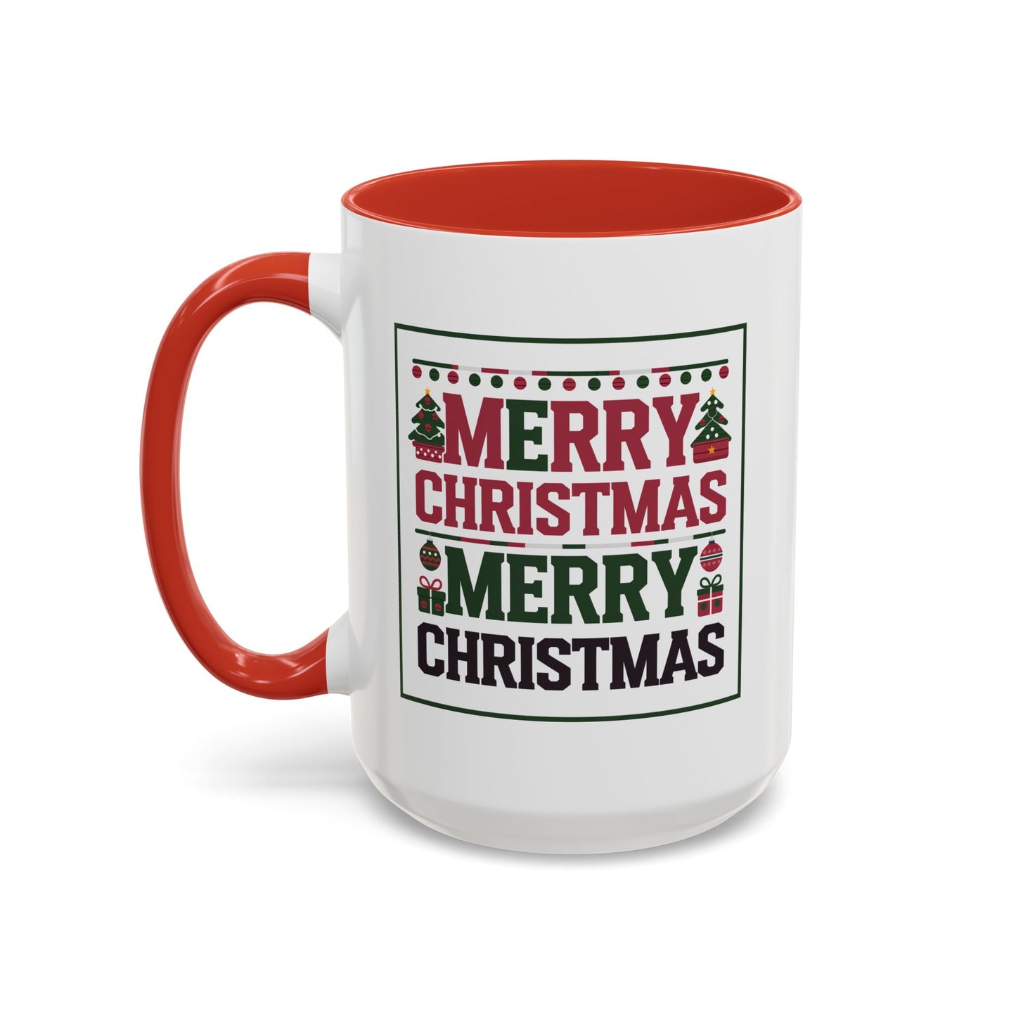 Christmas Mug - Merry Christmas Red Green & Black Text Trees Presents