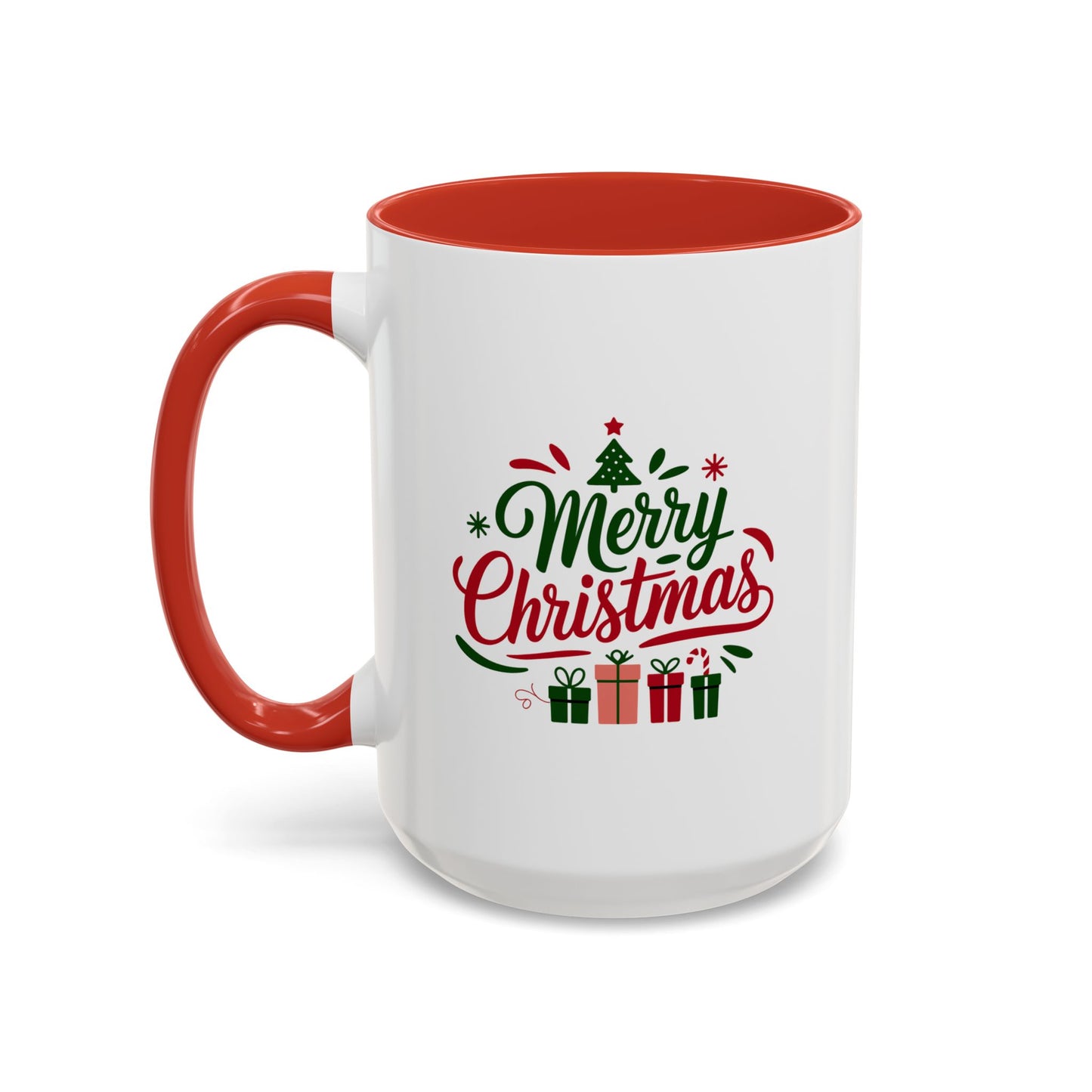 Christmas Mug - Merry Christmas Green & Red Text Tree Snowflakes Presents