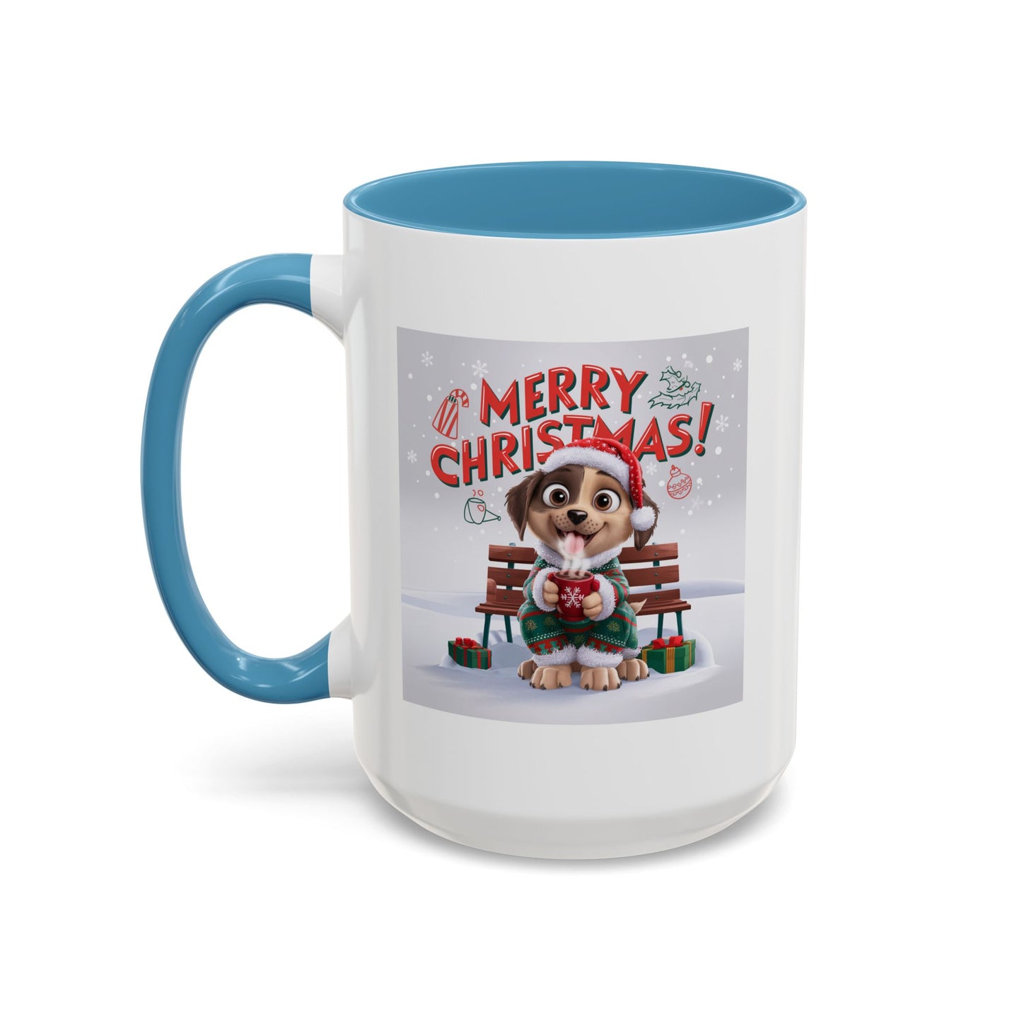 Christmas Mug - Merry Christmas Red Text Puppy Green Top