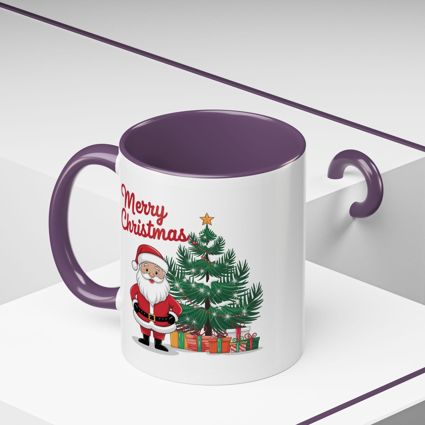 Christmas Mug - Merry Christmas Red Text Santa Tree Presents