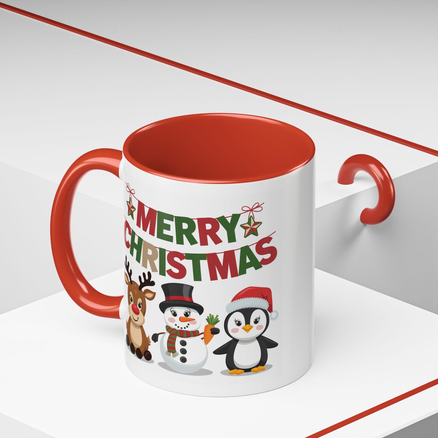Christmas Mug - Red Green & Gold Text Reindeer Snowman Penguin