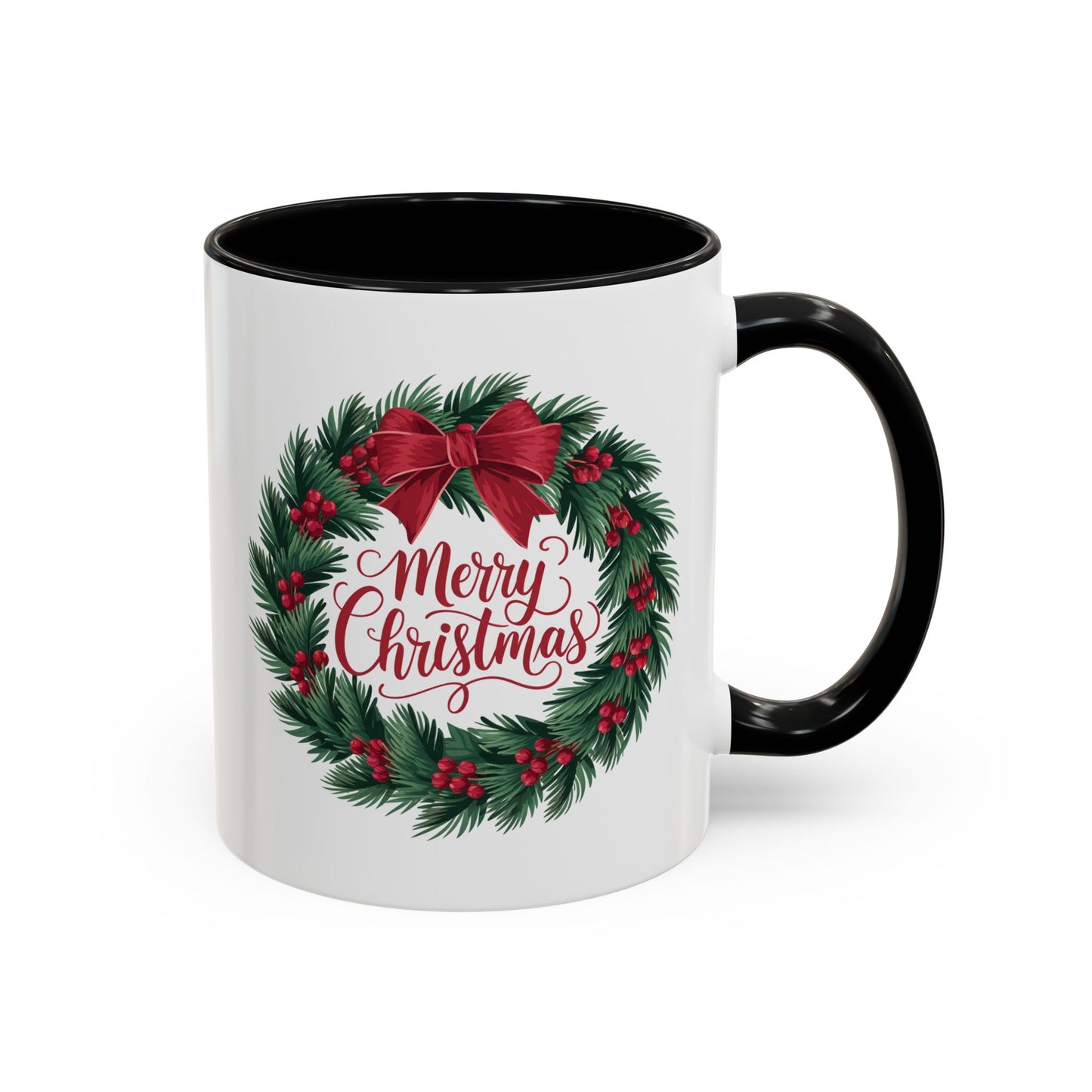 Christmas Mug - Merry Christmas Red Text Bow Wreath