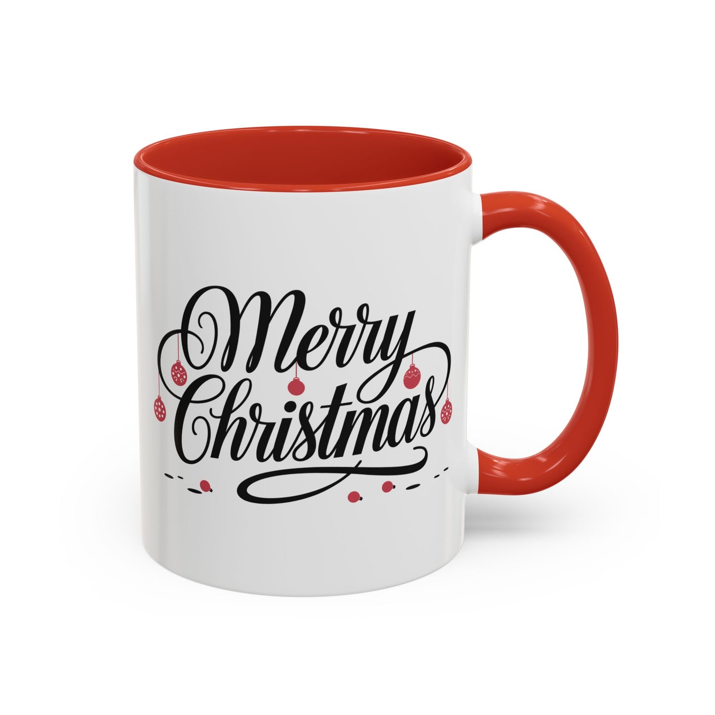 Christmas Mug - Merry Christmas Black Text Red Ornaments
