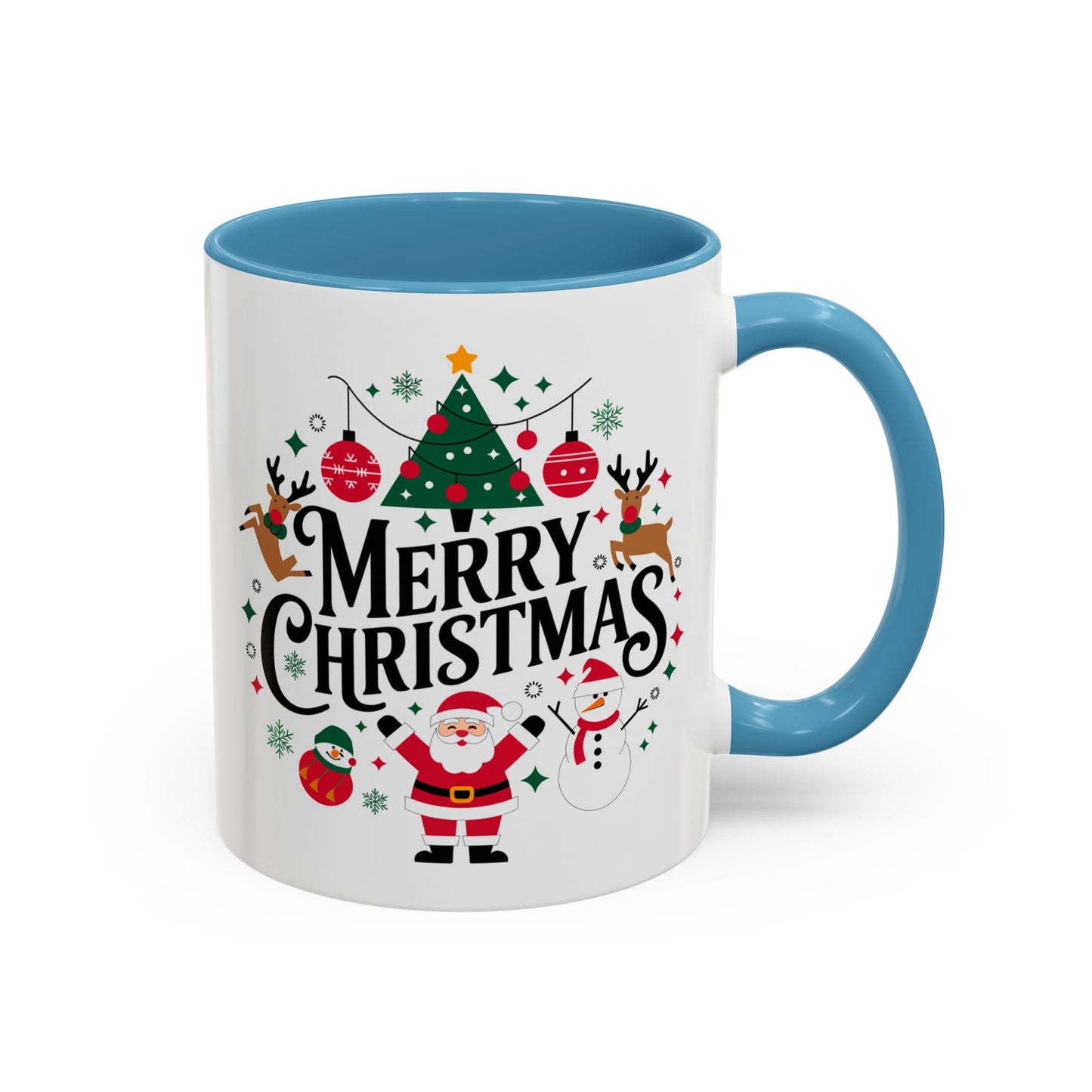 Christmas Mug - Merry Christmas Black Text Santa Reindeer Snowmen Ornaments