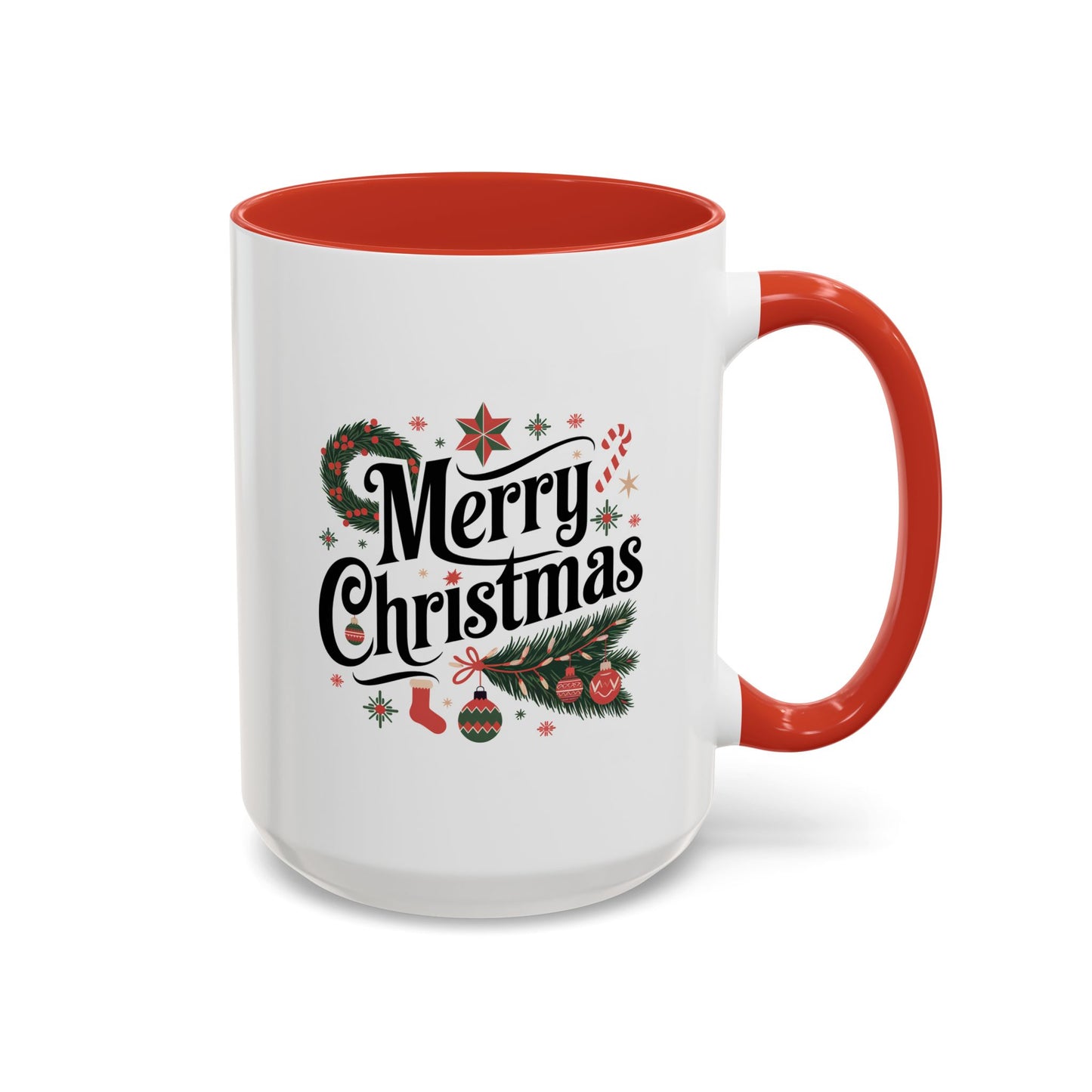 Christmas Mug - Merry Christmas Black Text Star Stocking Ornament Candy Cane
