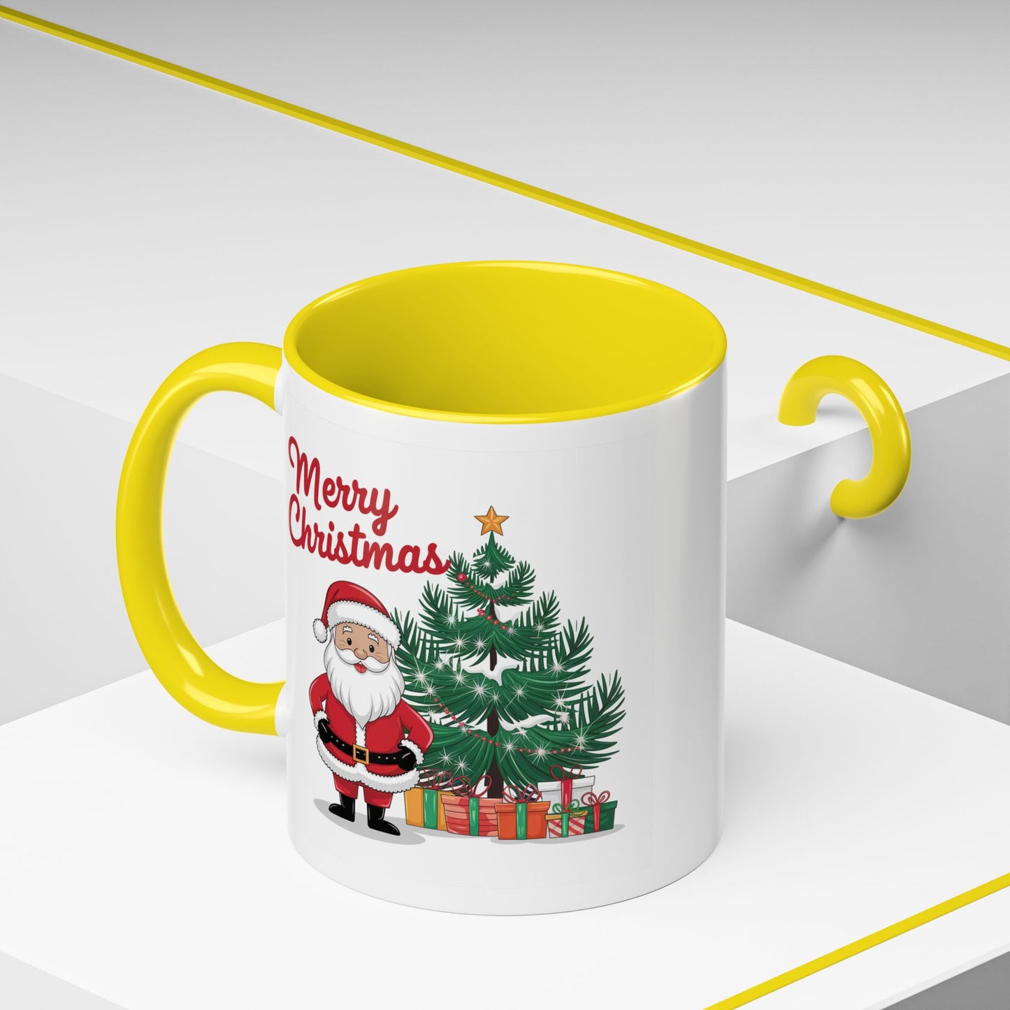 Christmas Mug - Merry Christmas Red Text Santa Tree Presents