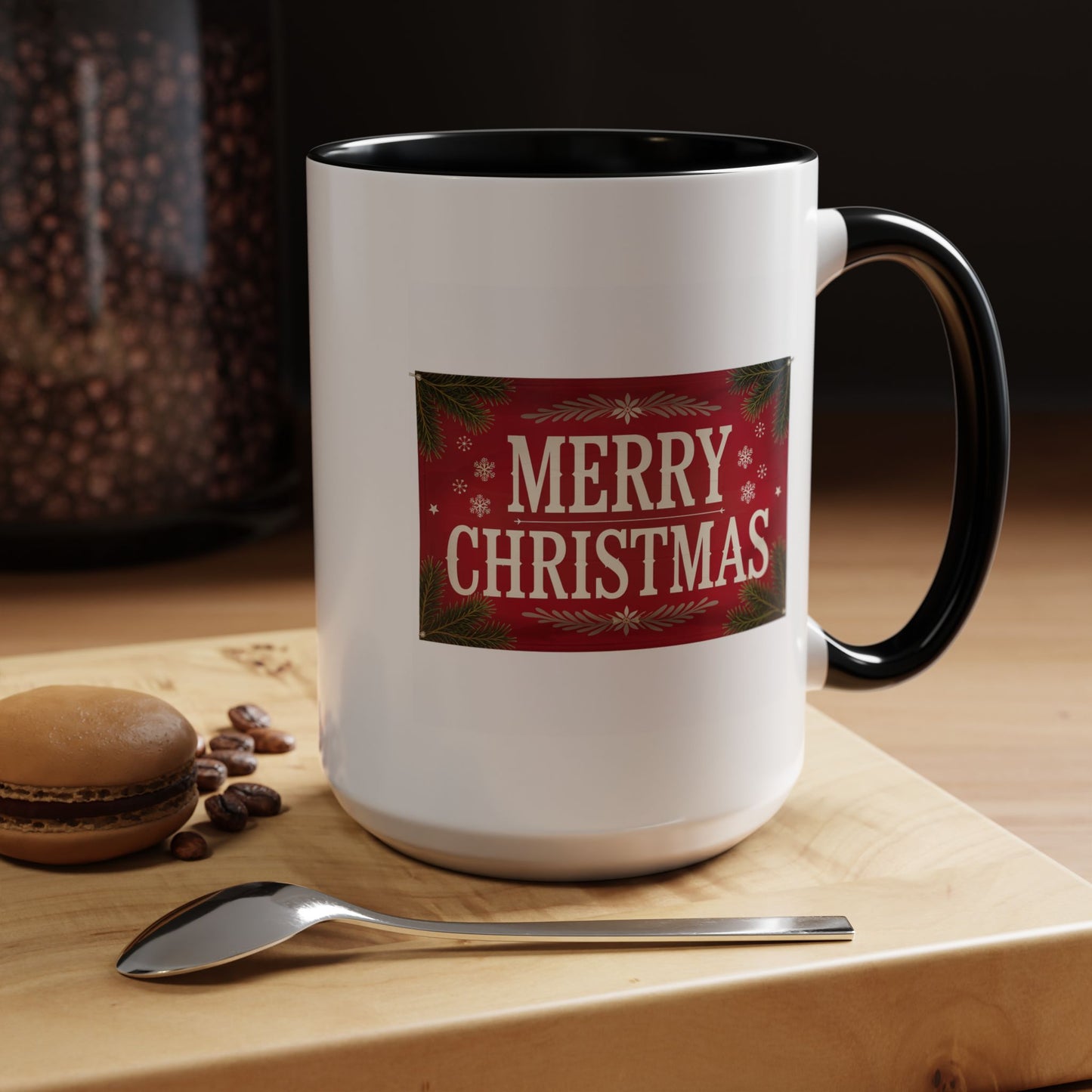 Christmas Mug - Merry Christmas Cream Text Maroon Background