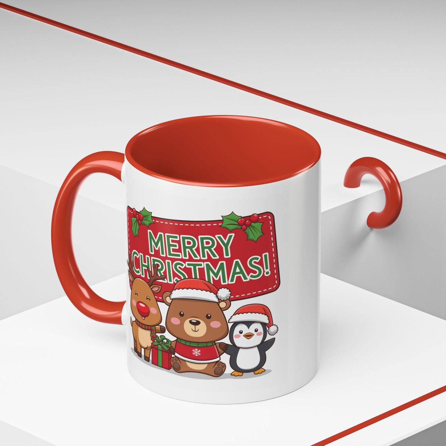Christmas Mug - Green Text Red Banner Reindeer Bear Penguin