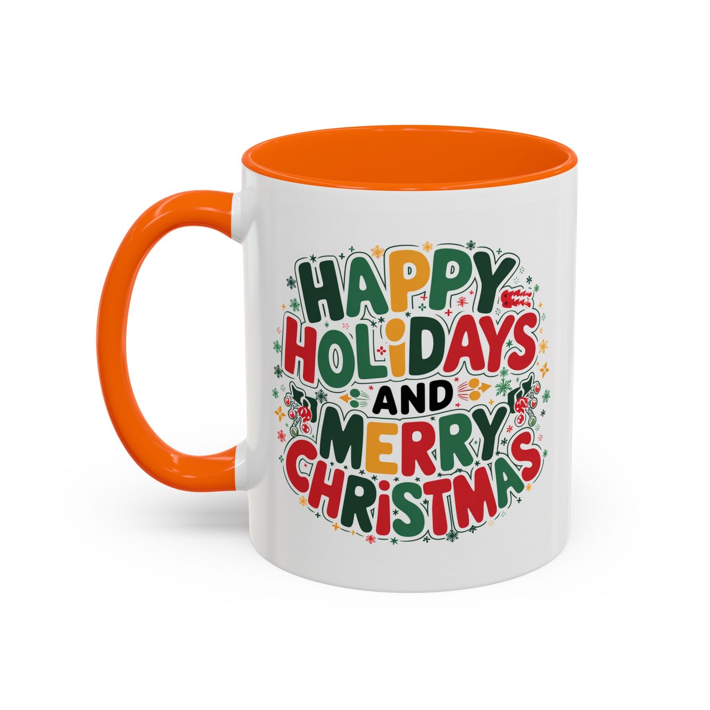Christmas Mug - Happy Holidays and Merry Christmas Blue Green Yellow Red Text