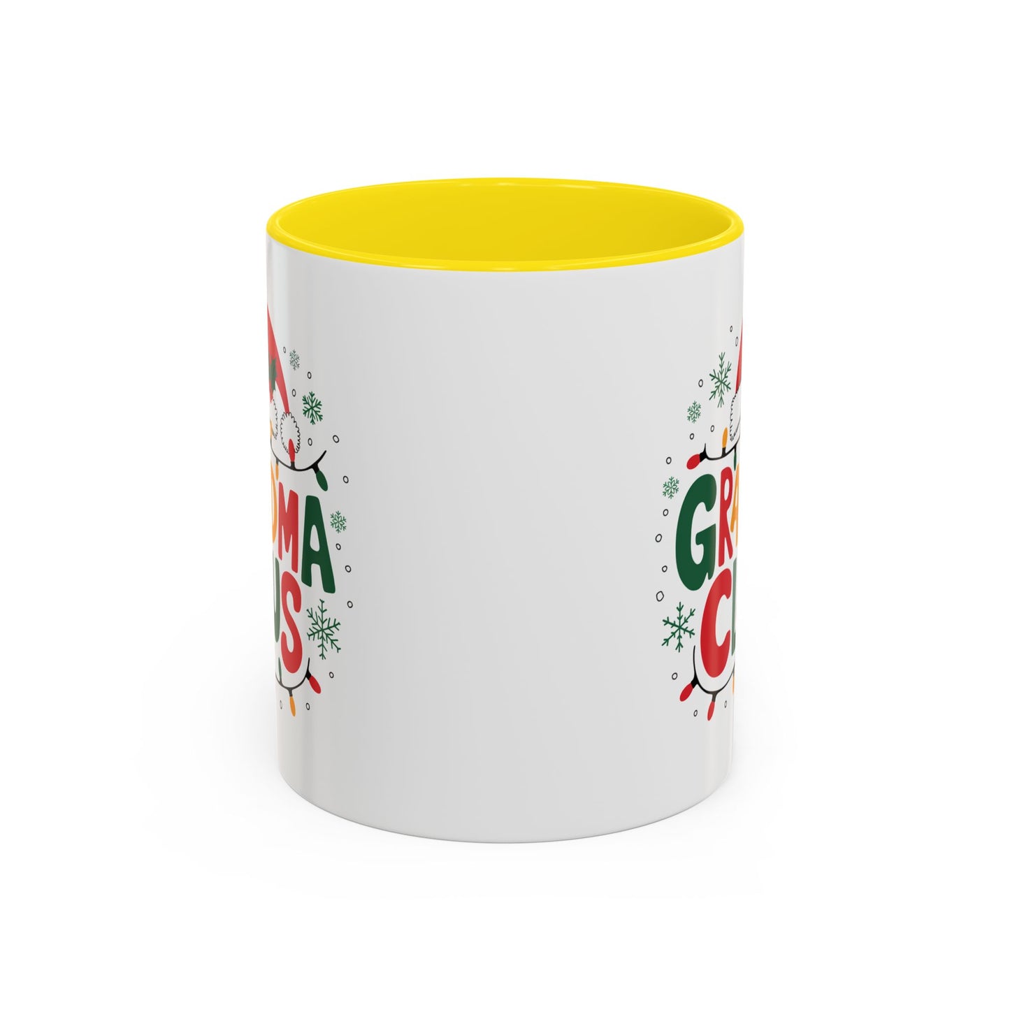Christmas Mug - Grandma Claus Green Yellow & Red Text Hat Lights Stars