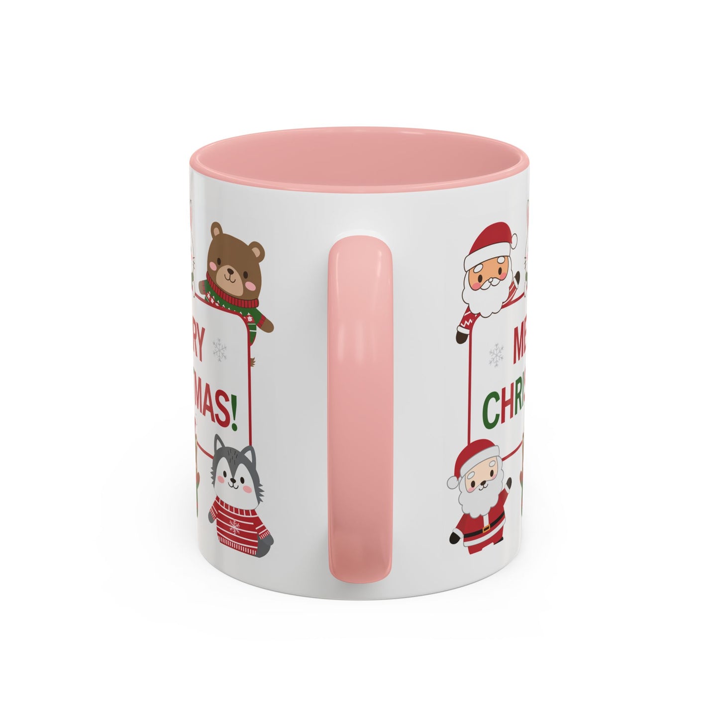 Christmas Mug - Merry Christmas Red & Green Text Santa Cute Animals