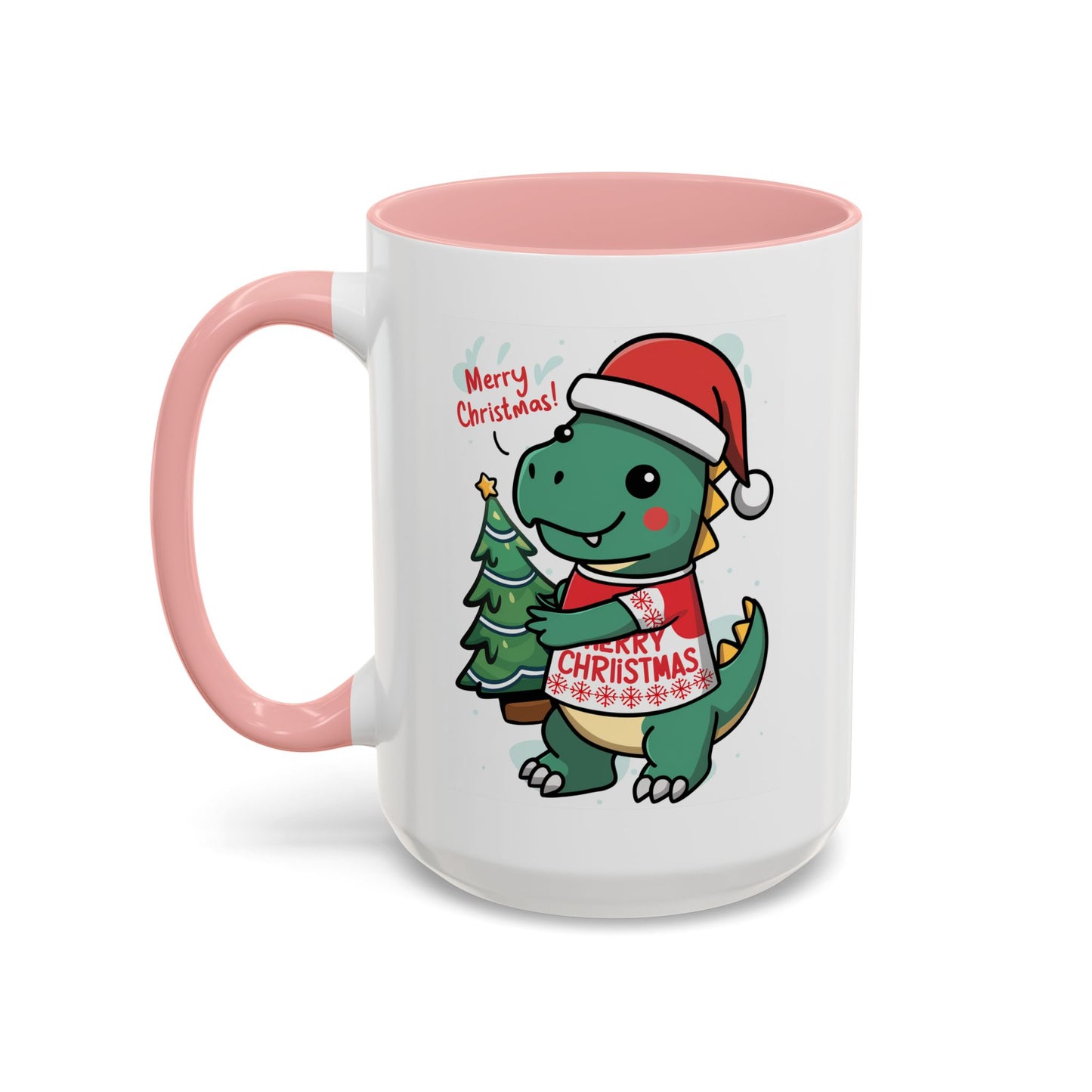 Christmas Mug - Merry Christmas Red Text Dinosaur Tree