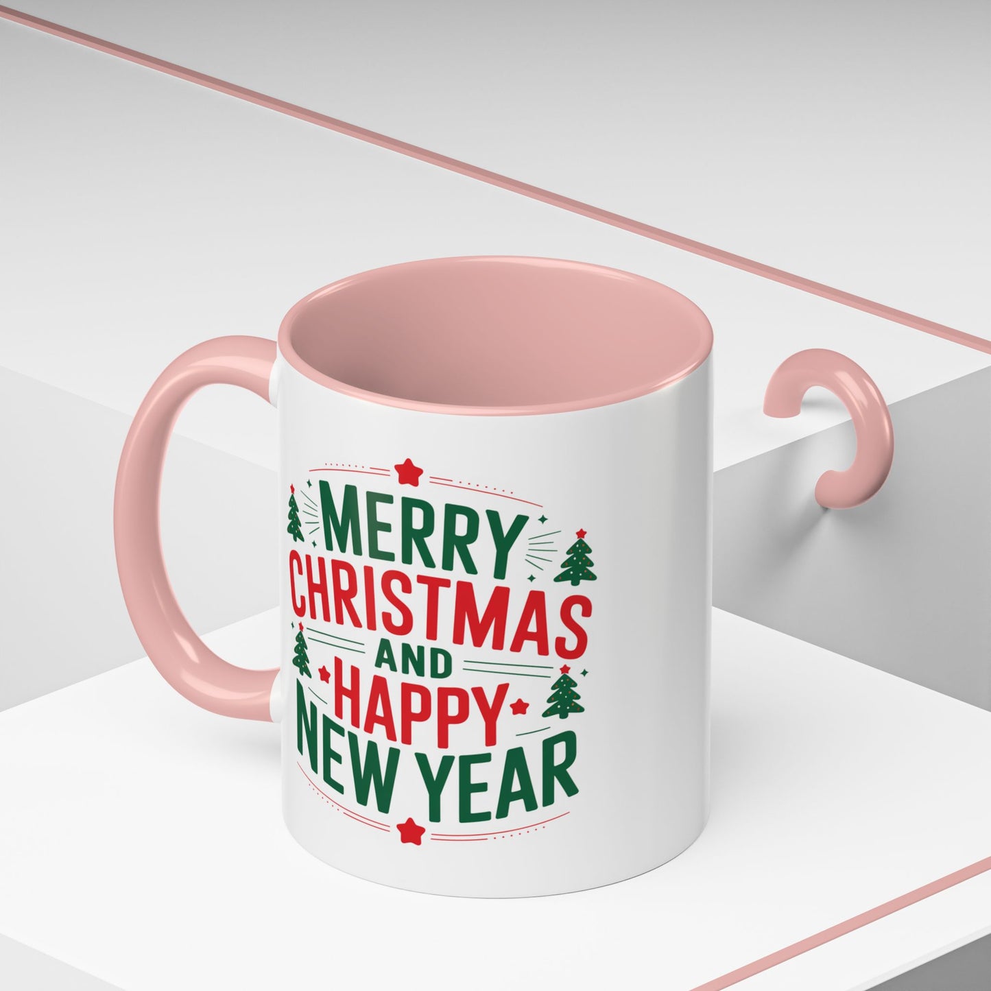 Christmas Mug - Merry Christmas and a Happy New Year Green & Red Text Trees Stars