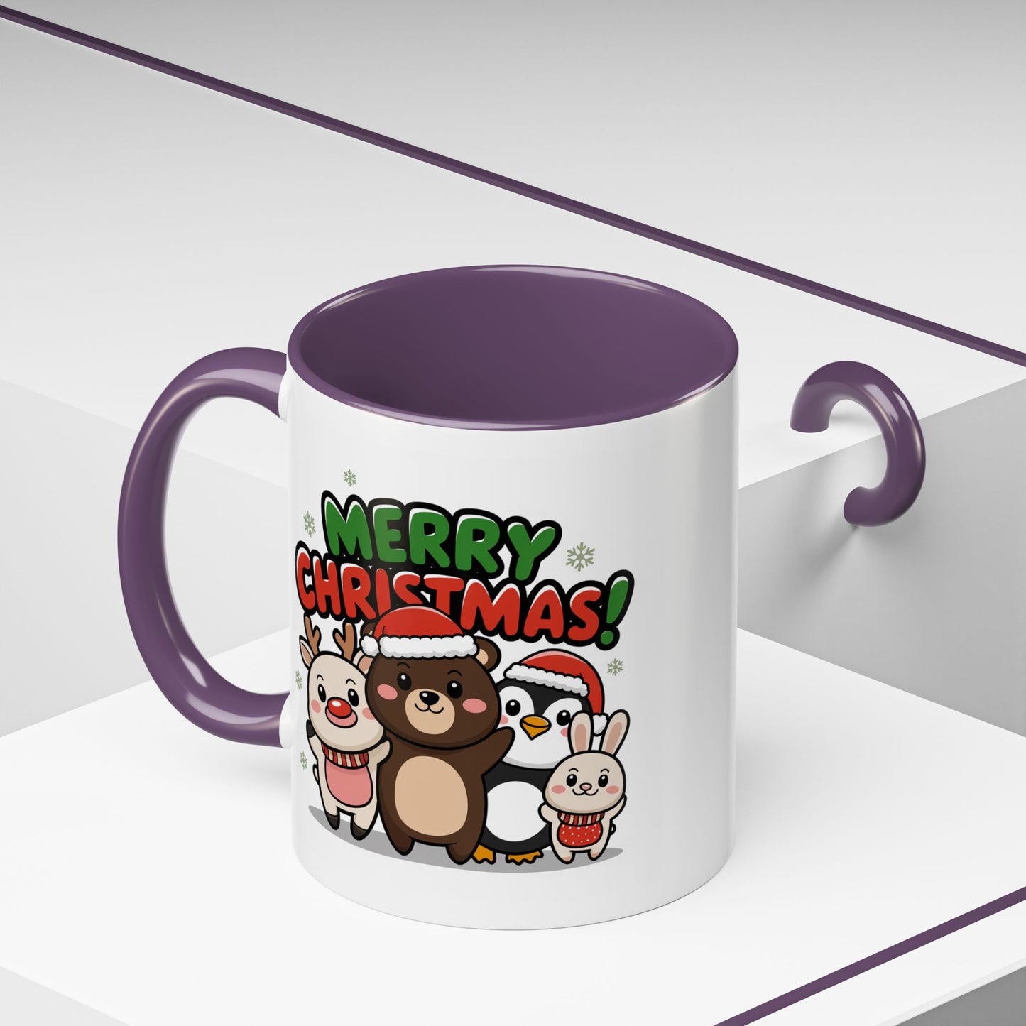 Christmas Mug - Merry Christmas Green & Red Text Cute Animals