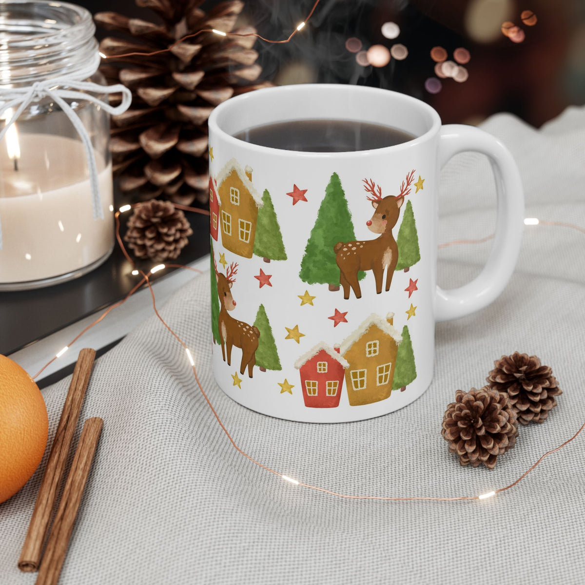Chistmas Mug -  Reindeer Trees and House Wrap
