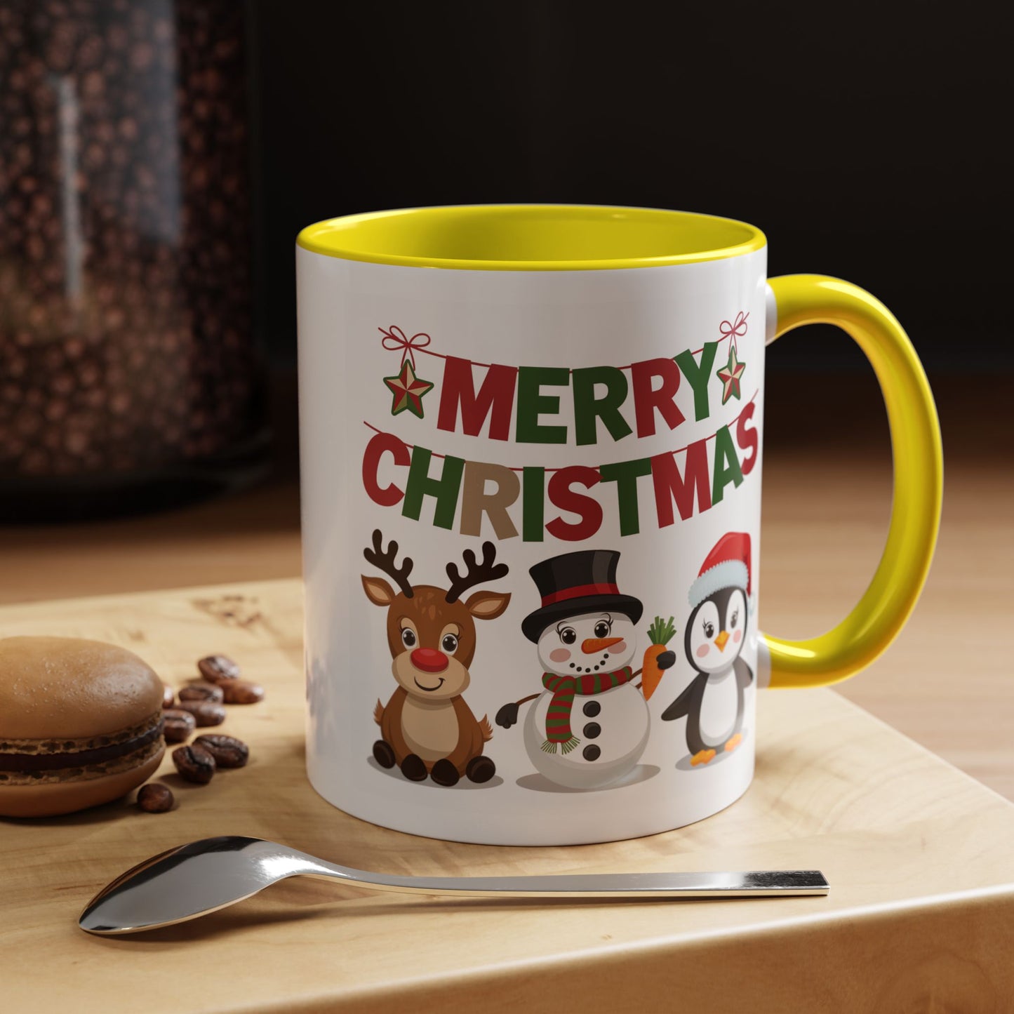 Christmas Mug - Red Green & Gold Text Reindeer Snowman Penguin