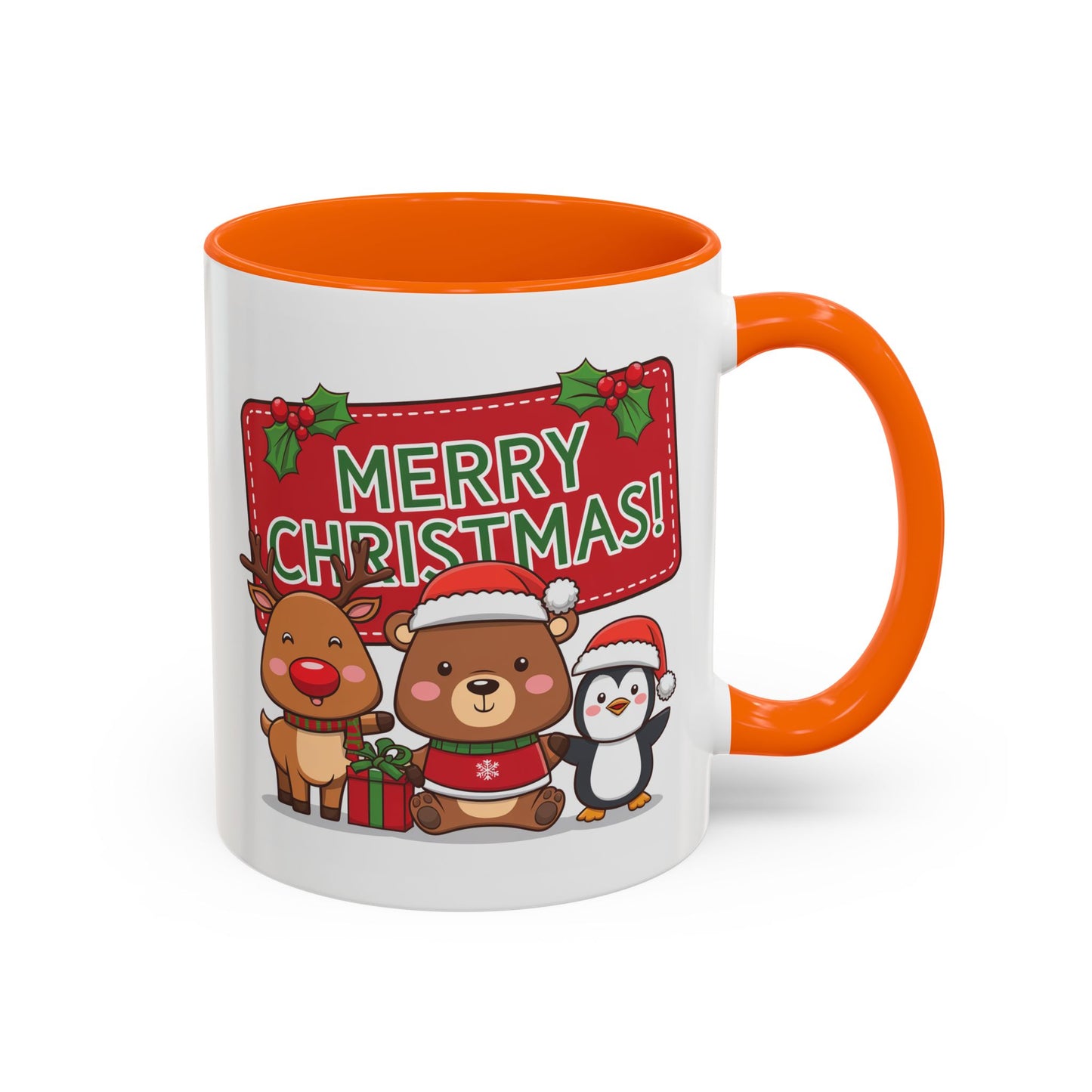Christmas Mug - Green Text Red Banner Reindeer Bear Penguin
