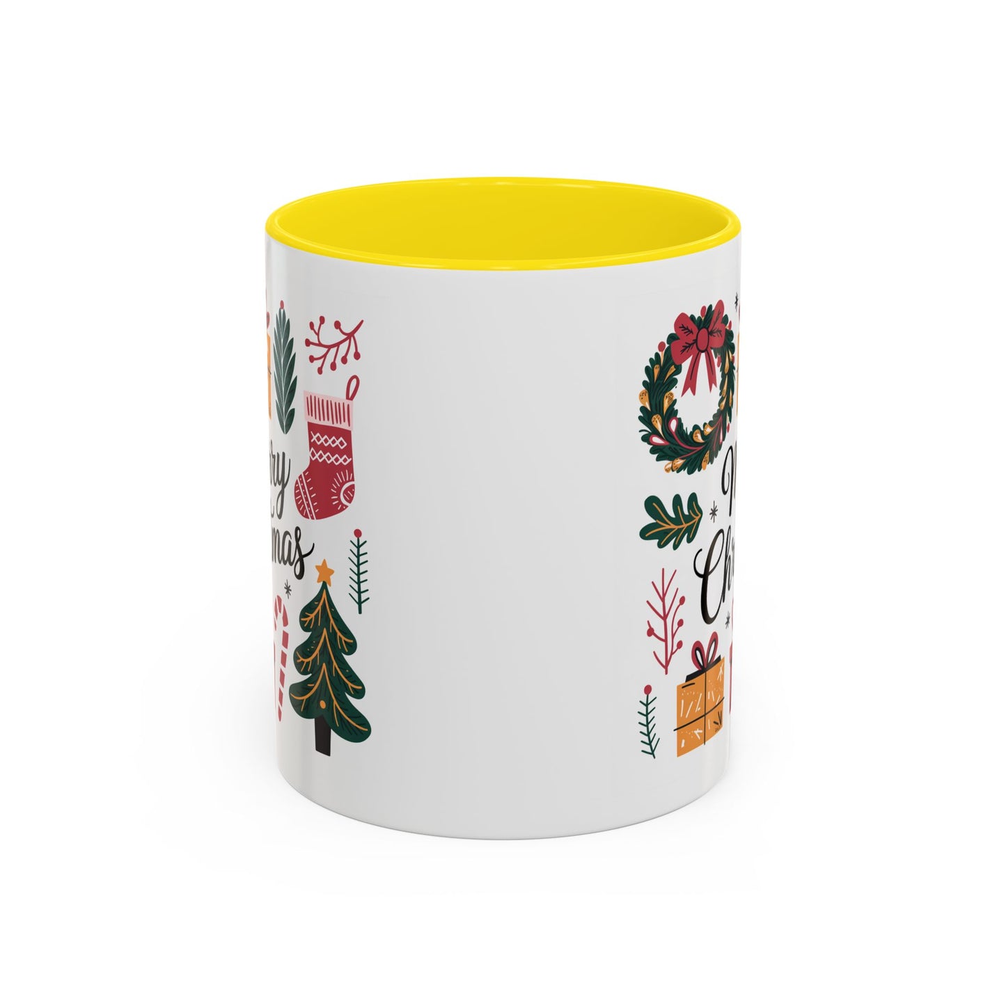 Christmas Mug - Merry Christmas Green Text Presents Tree Candy Cane