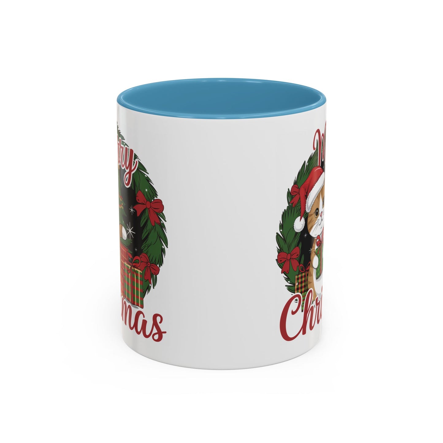 Christmas Mug - Merry Christmas Red Text Cat Presents Wreath
