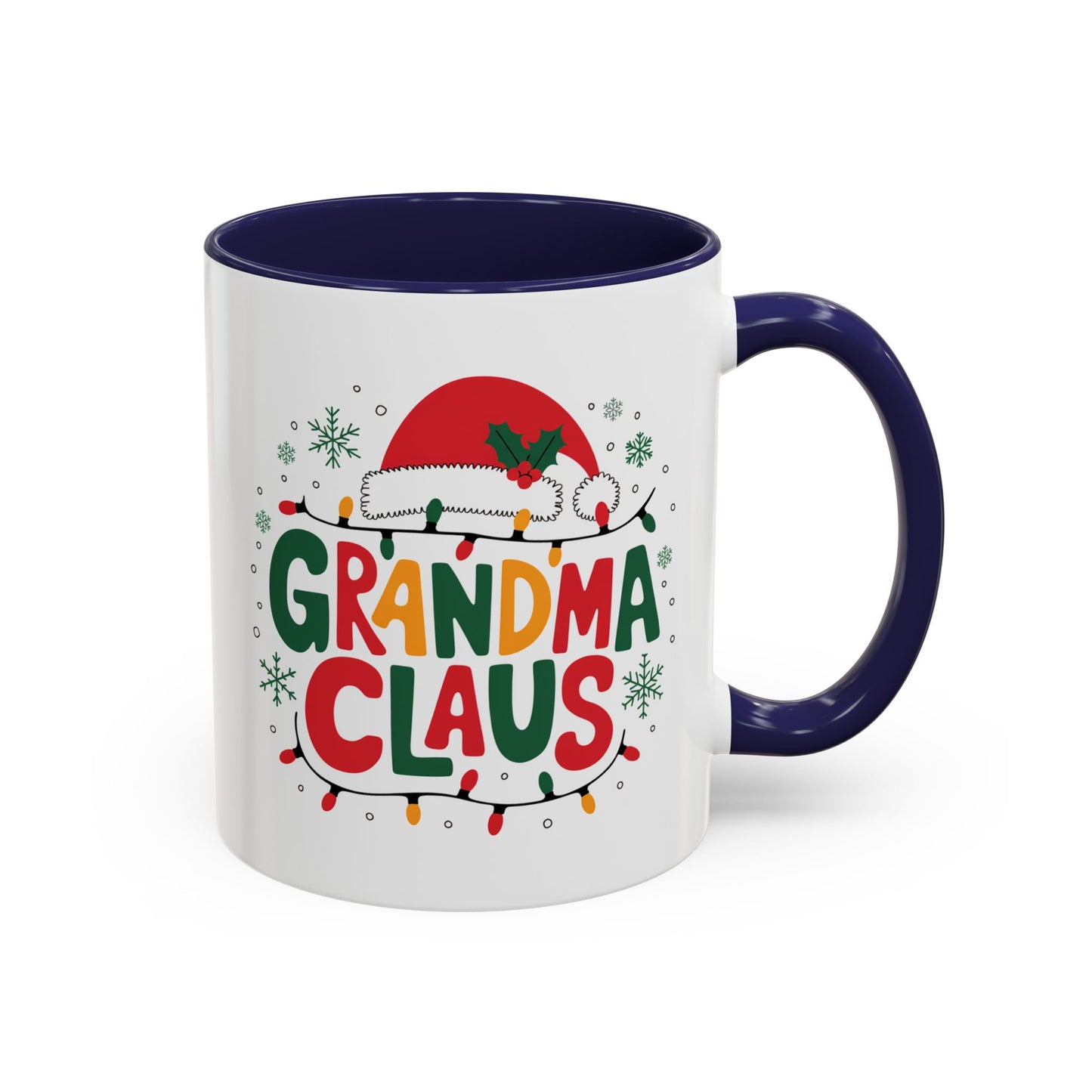 Christmas Mug - Grandma Claus Green Yellow & Red Text Hat Lights Stars