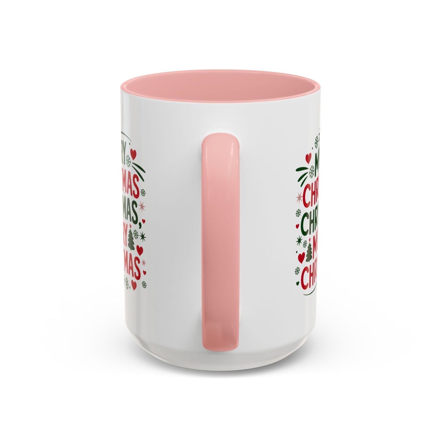 Christmas Mug - Merry Christmas Green & Red Text Trees Hearts Snowflakes Stars