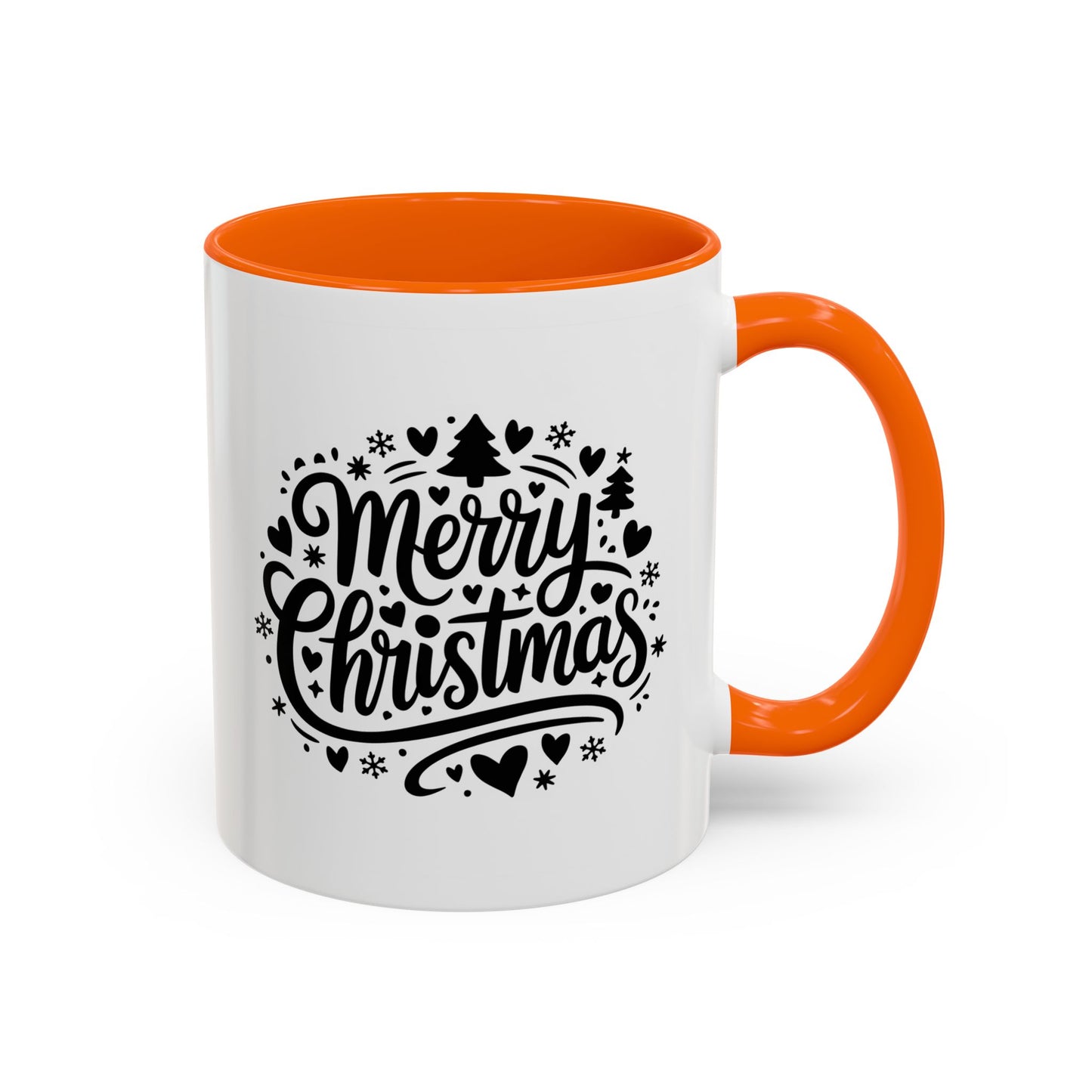 Christmas Mug - Merry Christmas Black Text Trees Snowflakes Hearts