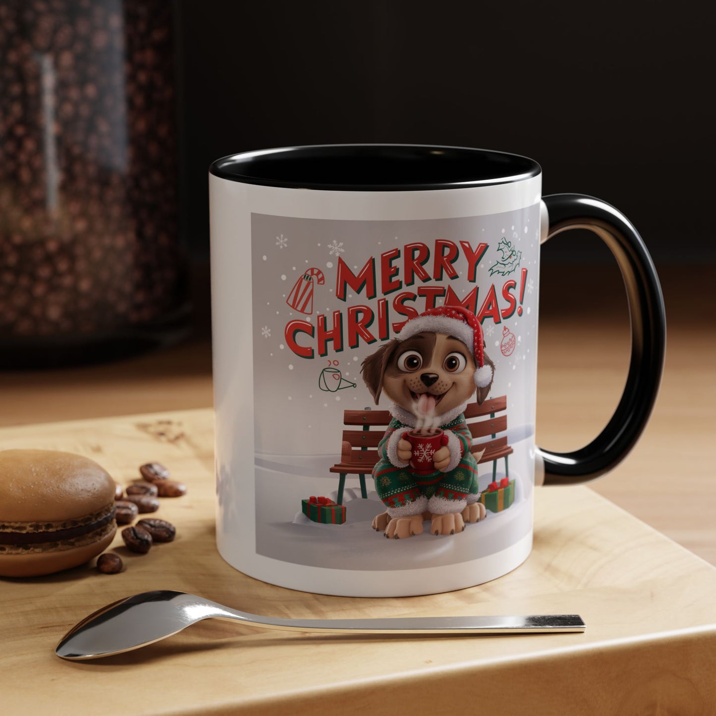 Christmas Mug - Merry Christmas Red Text Puppy Green Top