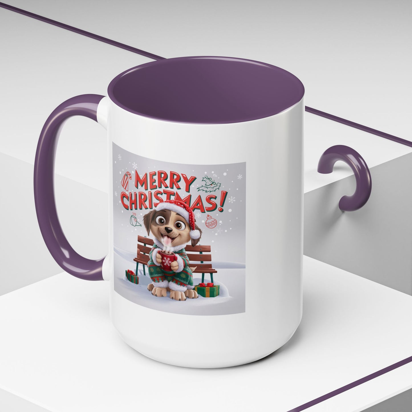 Christmas Mug - Merry Christmas Red Text Puppy Green Top