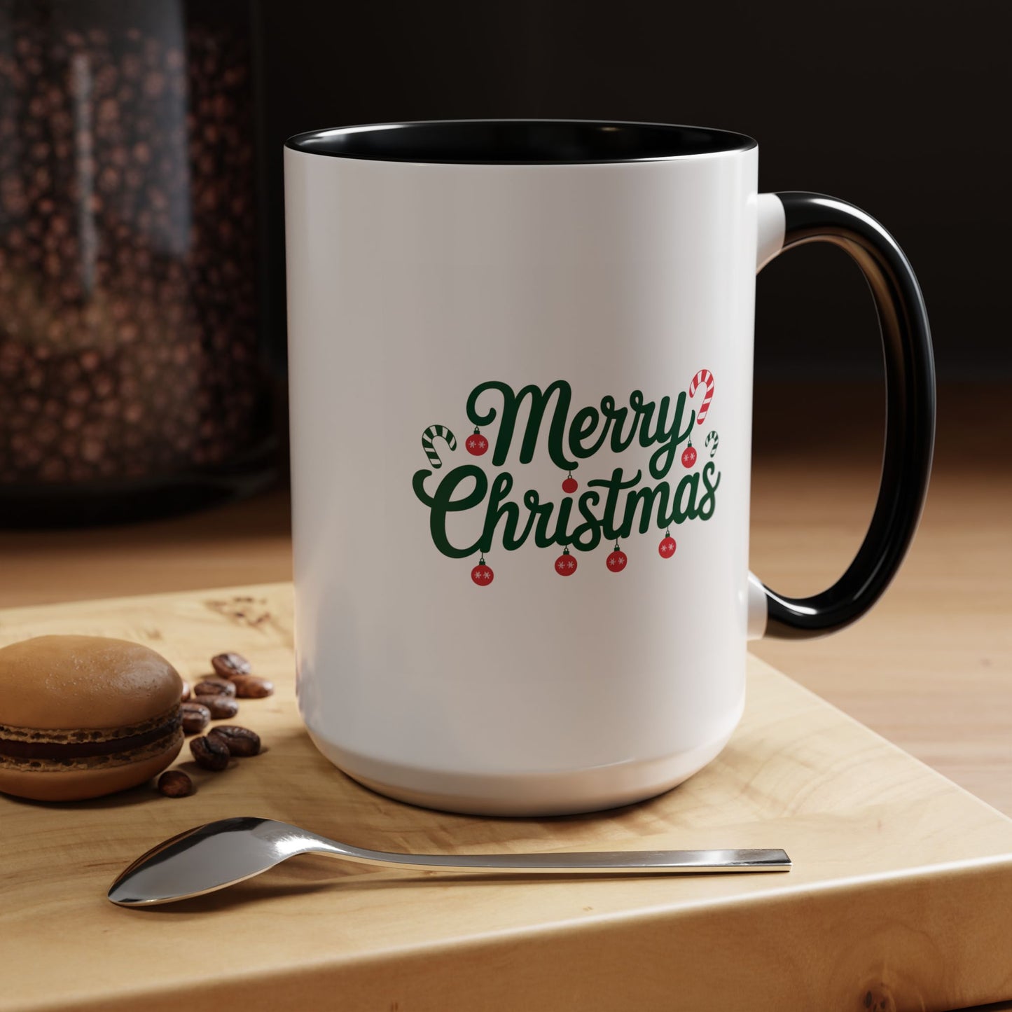 Christmas Mug - Merry Christmas Green Text Ornaments Candy Canes