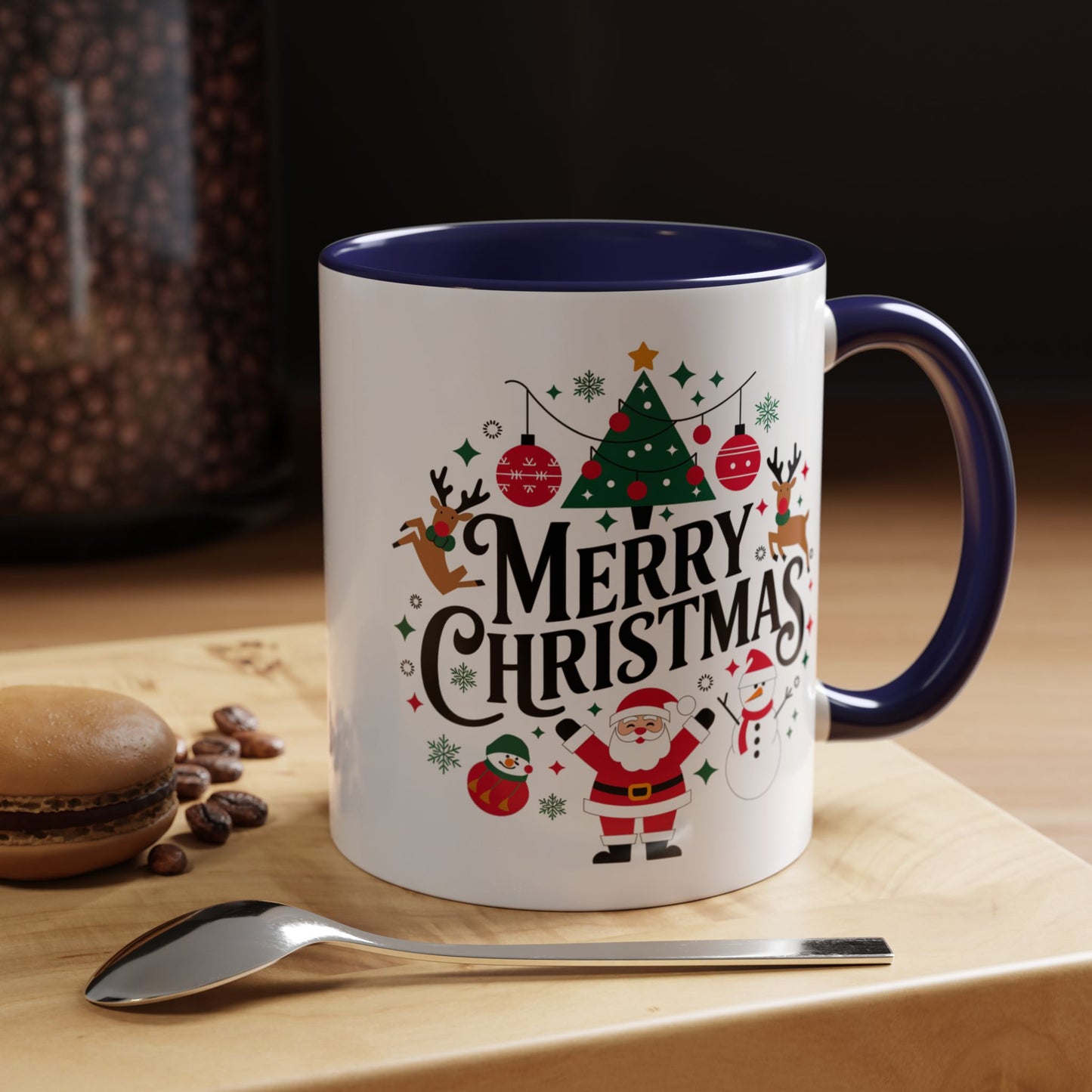 Christmas Mug - Merry Christmas Black Text Santa Reindeer Snowmen Ornaments