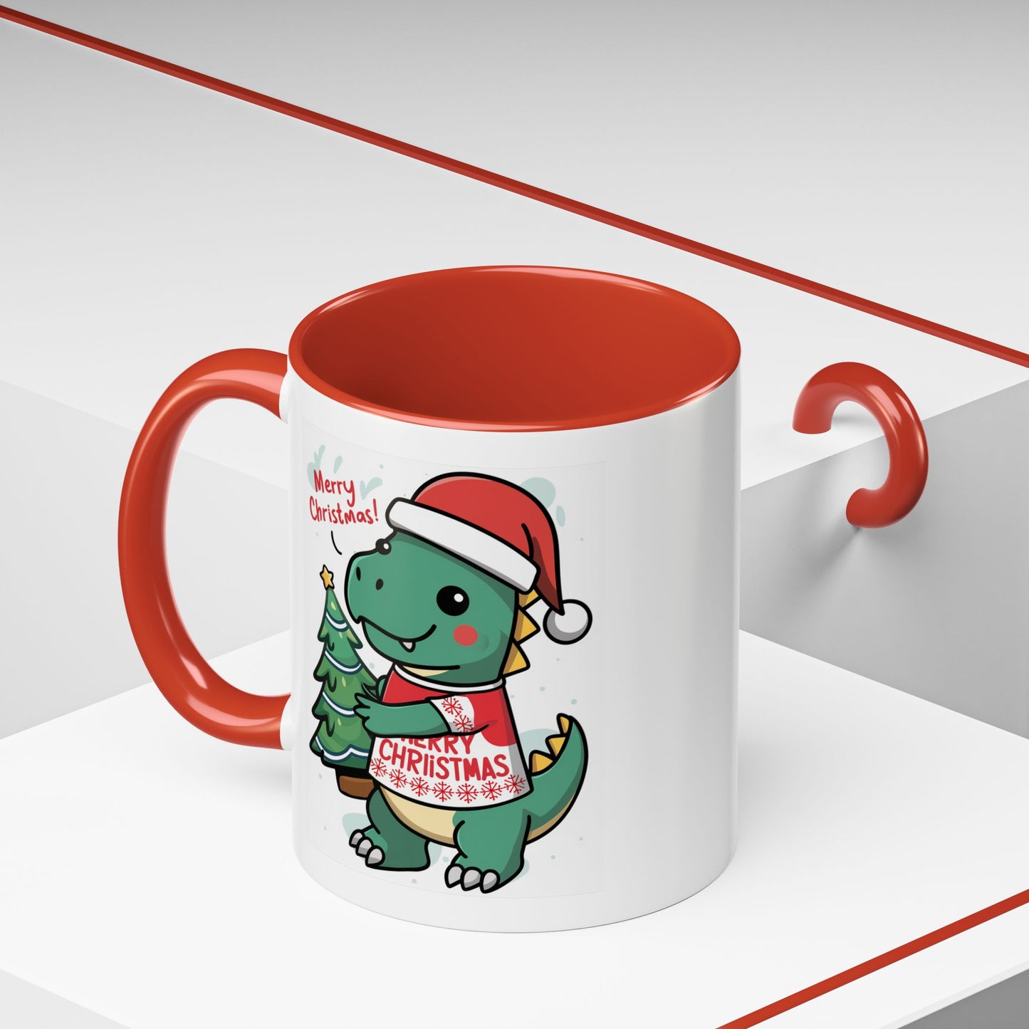 Christmas Mug - Merry Christmas Red Text Dinosaur Tree