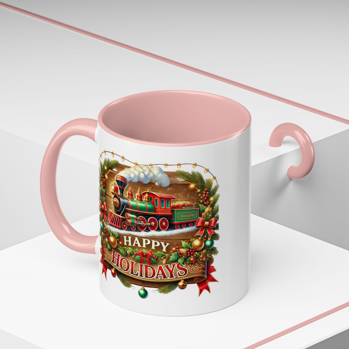 Christmas Mug - Happy Holidays White & Red Text Steam Locomotive