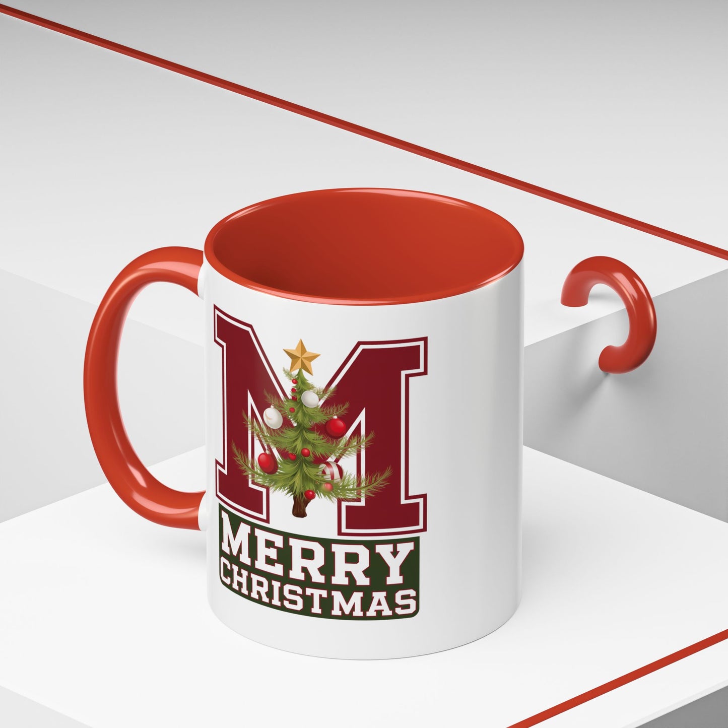 Christmas Mug - Merry Christmas White Green & Red College Text