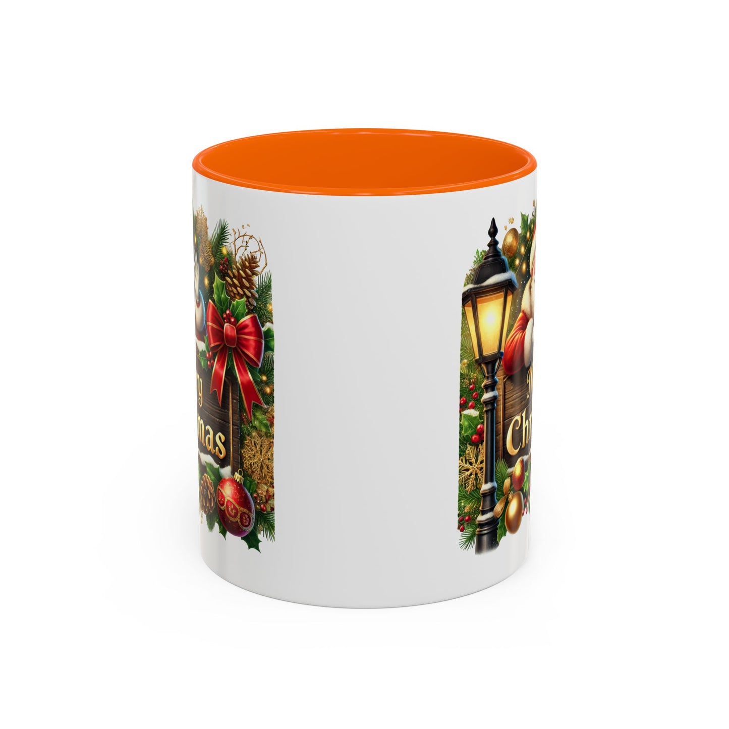 Christmas Mug - Merry Christmas Cream Text Santa Ok Light Bow Ornaments