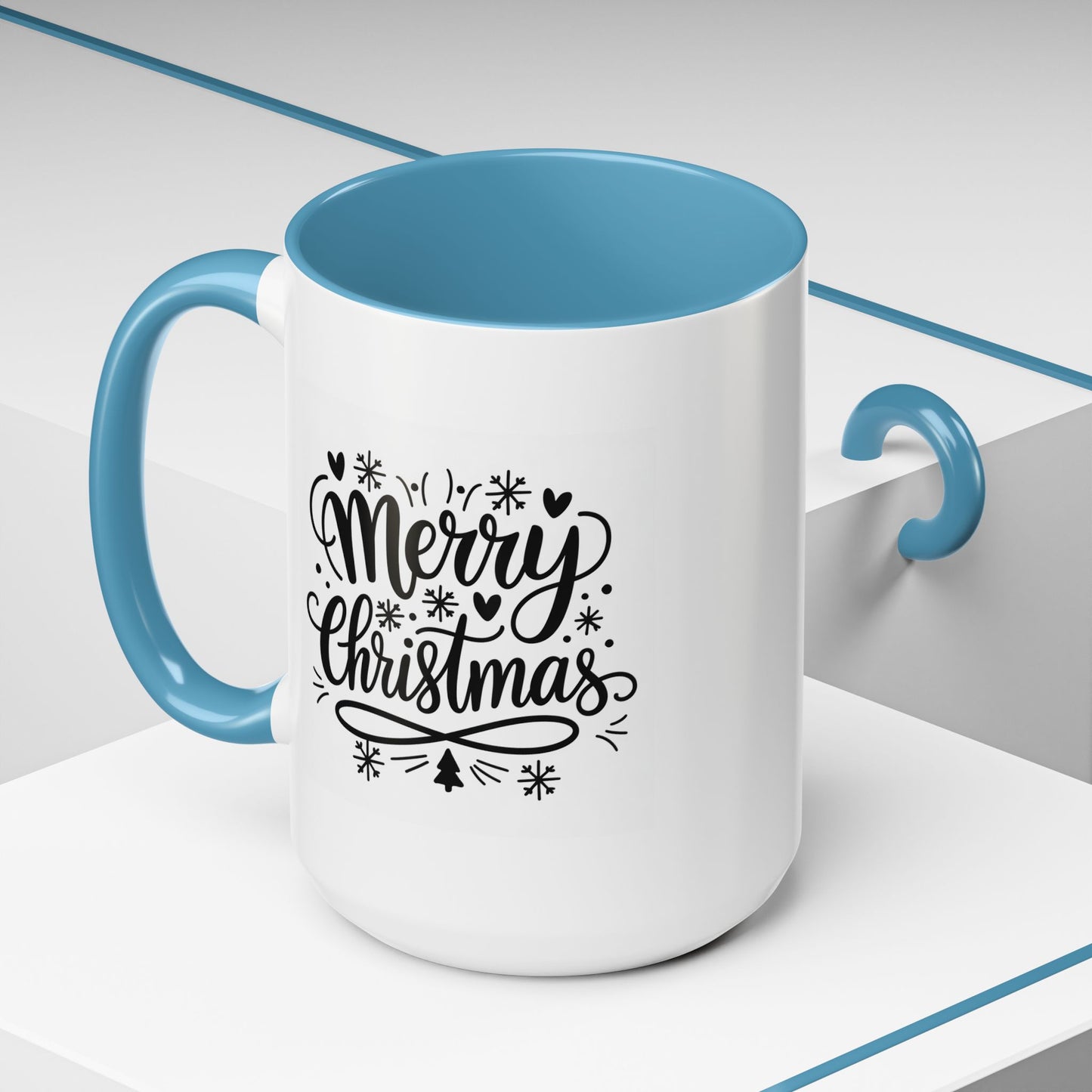 Christmas Mug - Merry Christmas Black Text Tree Snowflakes Hearts