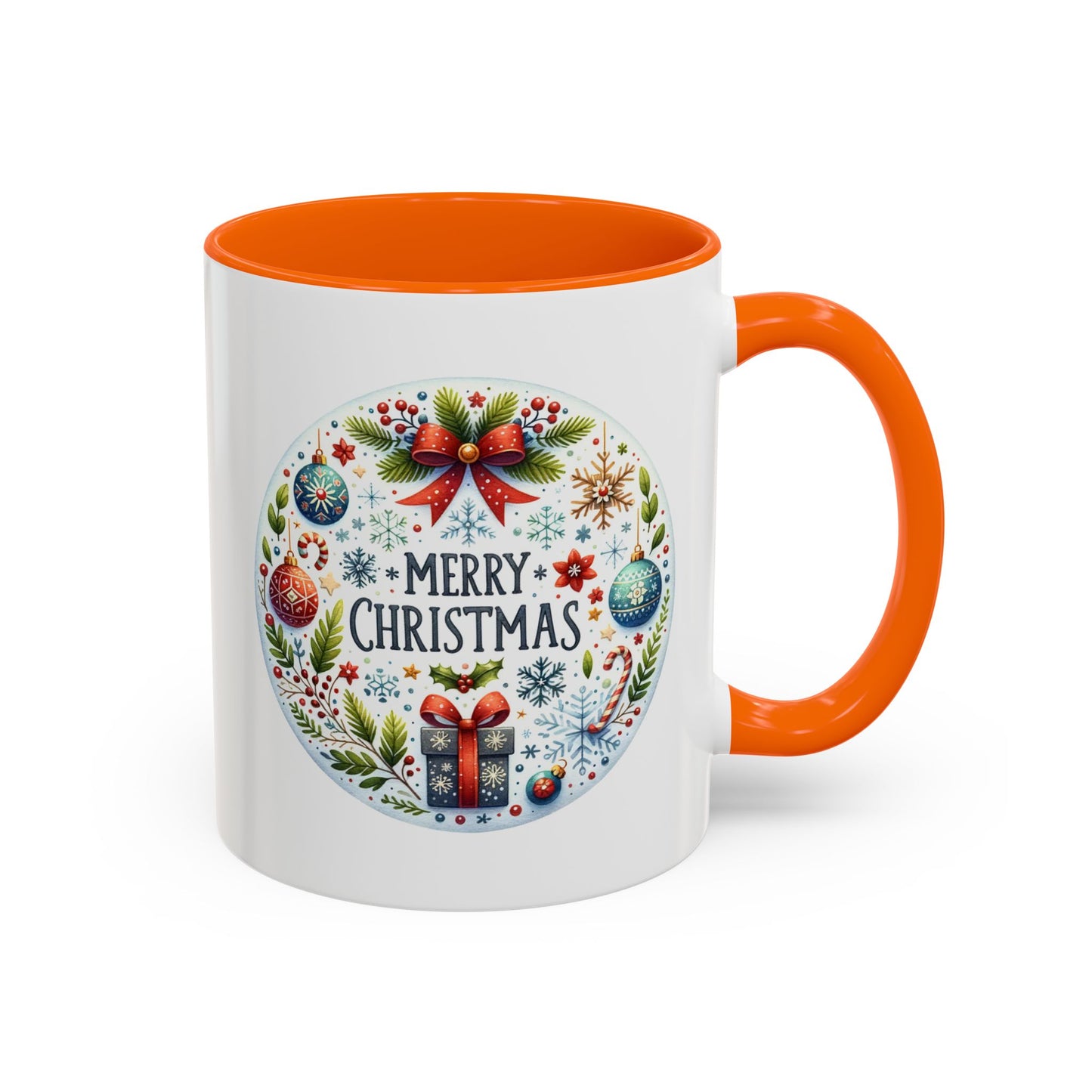 Christmas Mug - Merry Christmas Blue Text Bow Present Ornaments