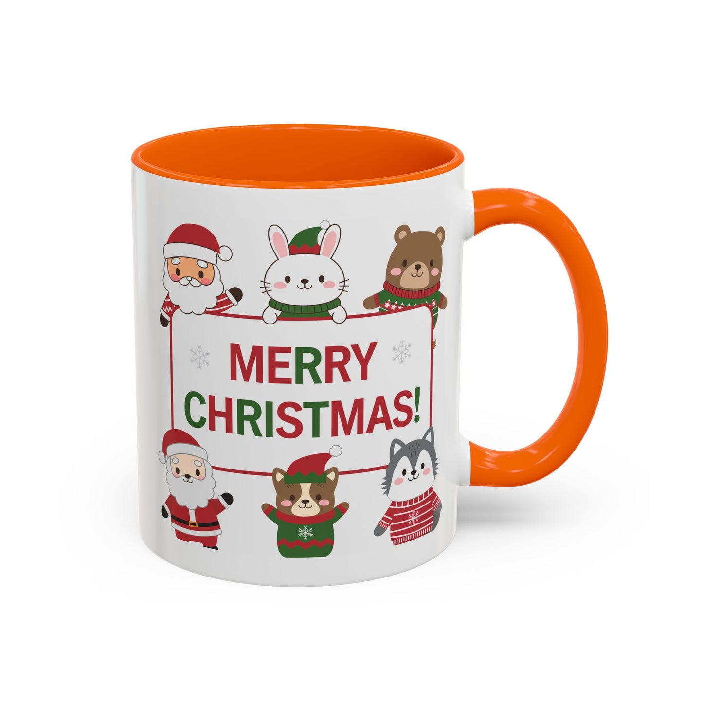 Christmas Mug - Merry Christmas Red & Green Text Santa Cute Animals