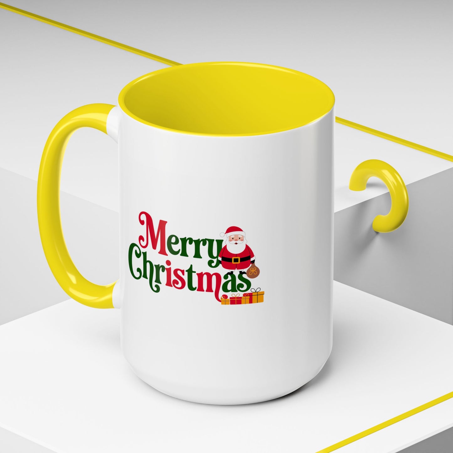 Christmas Mug - Merry Christmas Green & Red Text Santa Presents